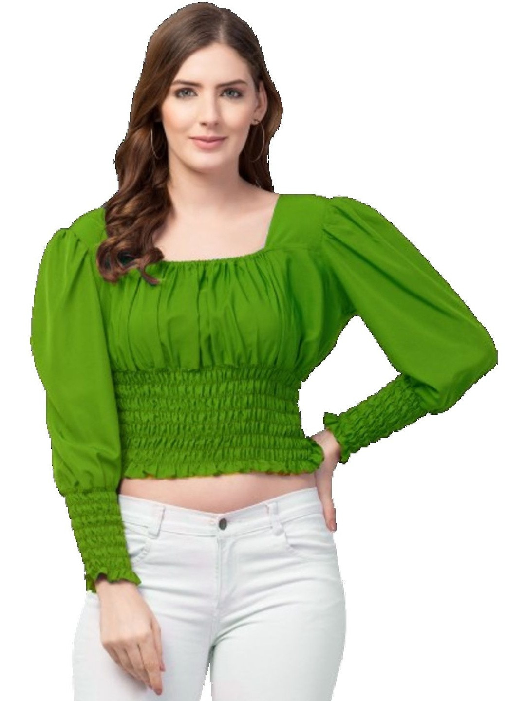 PRIDE STYLE Women Solid Smocked Puff Sleeves Crop Fitted Top