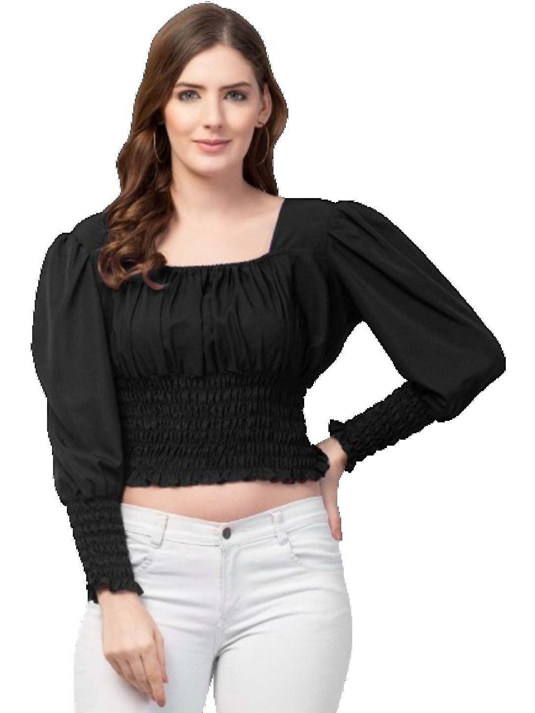 VERMA CREATION Women Solid Smocked Crop Top