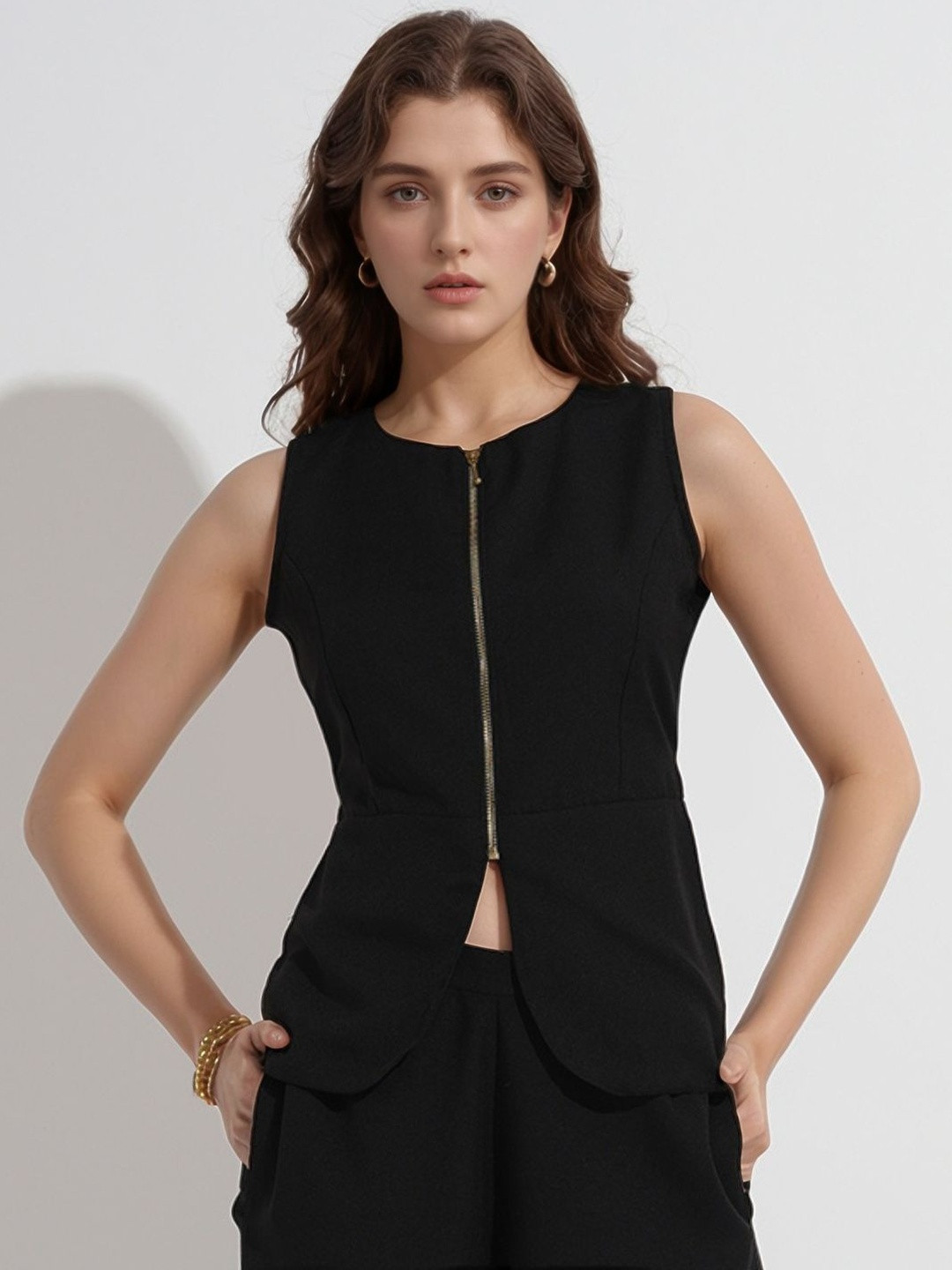 DressBerry Women Black Solid Round Neck Sleeveless Linen Blend Vest Top With Zipper