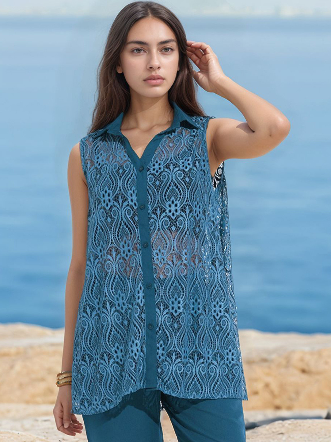 all about you Textured Spread Collar Semi Sheer Casual Shirt