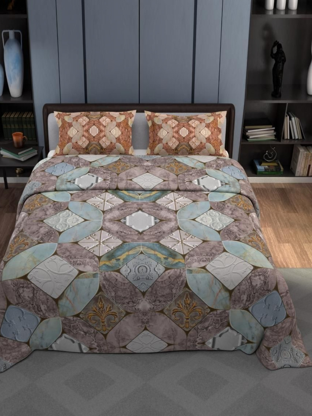 Synergized Cotton Grey Printed Cotton King Bedsheet With 2 Pillow Cover 2.74 m x 2.74 m
