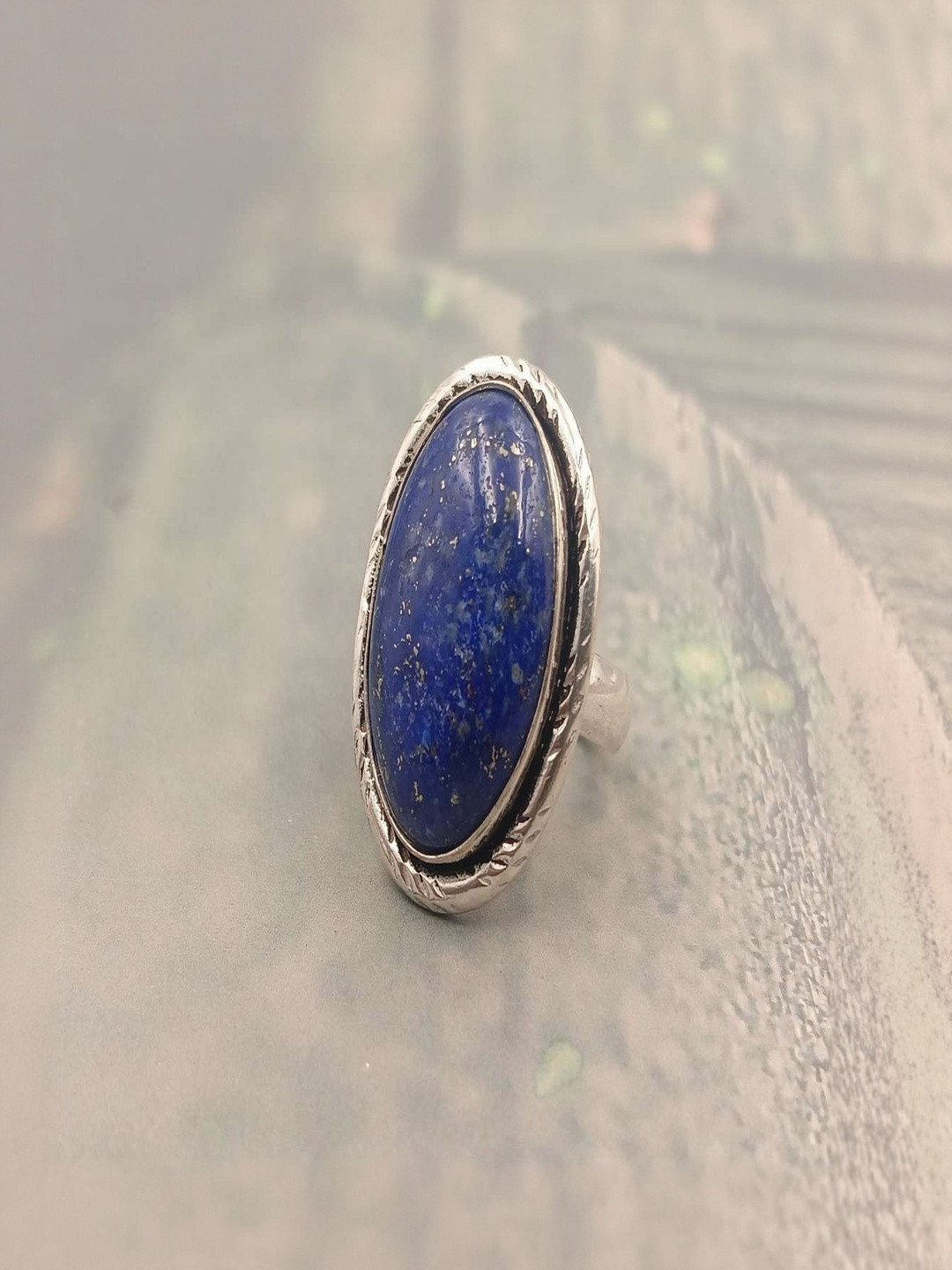 Shrim jewels German Silver Brass Plated Lapis Lazuli Studded Oxidised Finger Ring