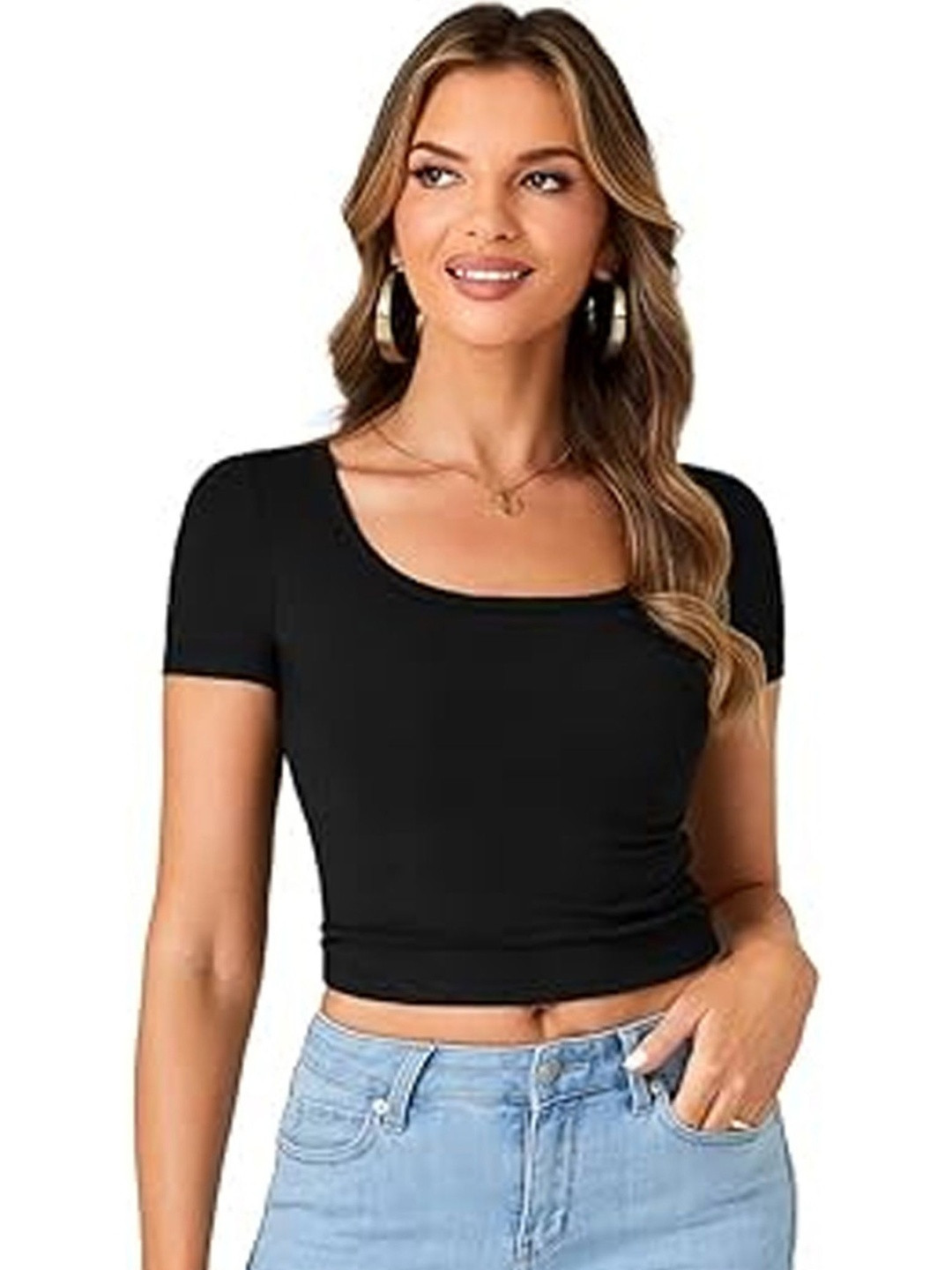 Ribbed Scoop Neck Short Sleeves Crop Top