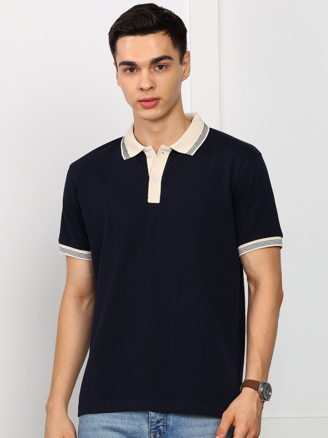 Alan Jones Self Design Polo Collar Regular Fit T-shirt