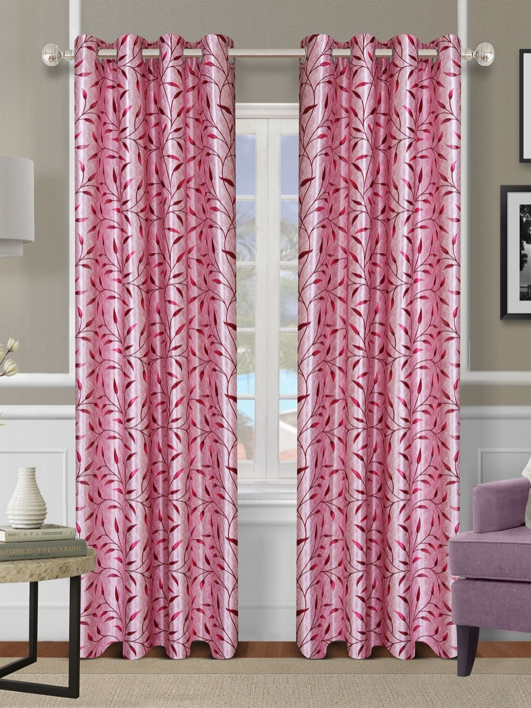 Aura Pink & White 2 Pieces Floral Printed Room Darkening Long Door Curtains