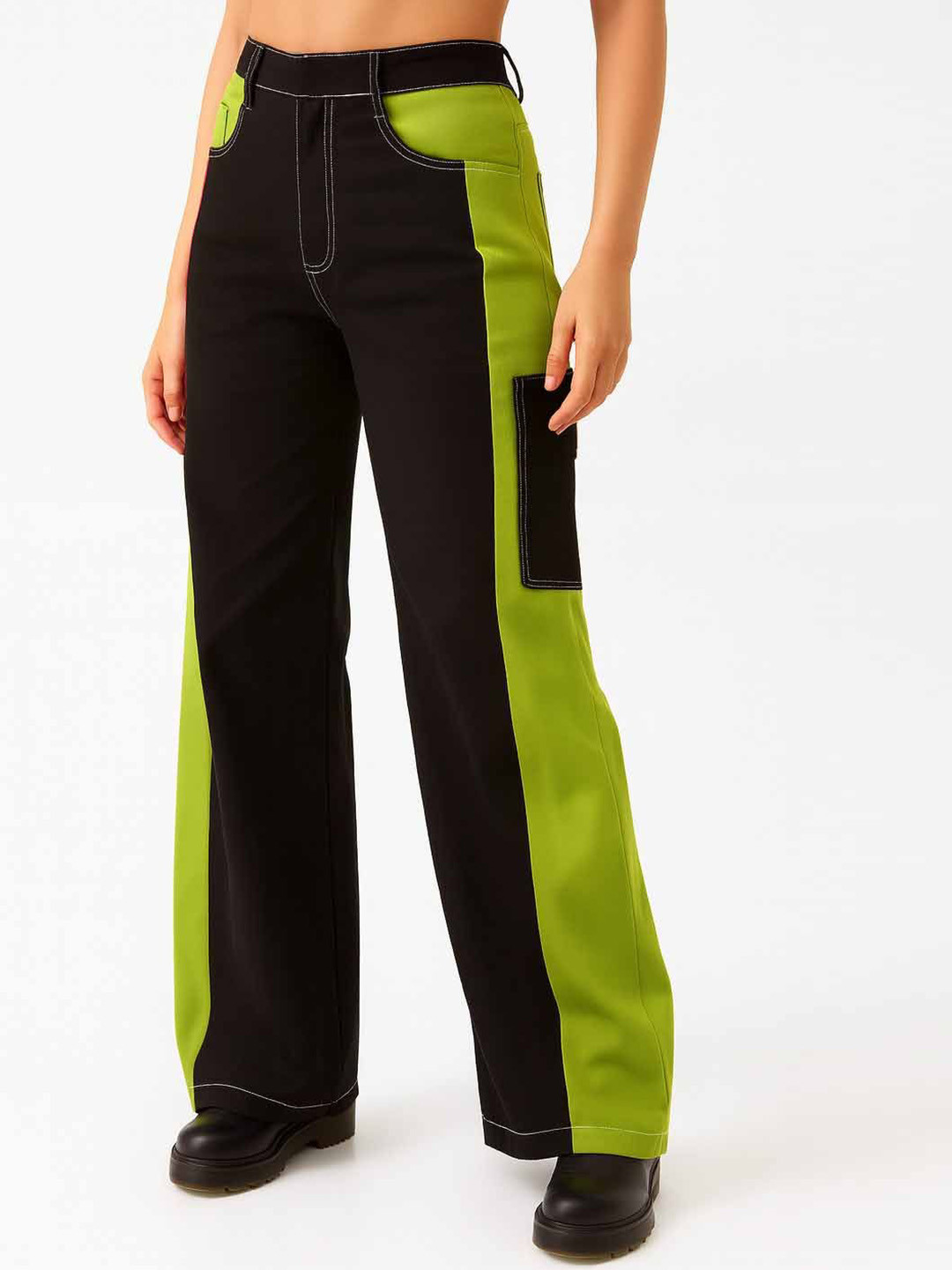 Pookiie Women Colourblocked Relaxed Straight Leg Straight Fit Easy Wash Trousers