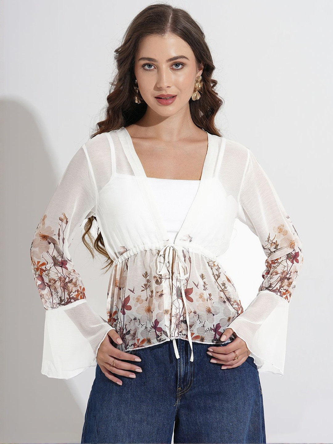 Murcia Women White Floral Printed Synthetic Chiffon Peplum Tops