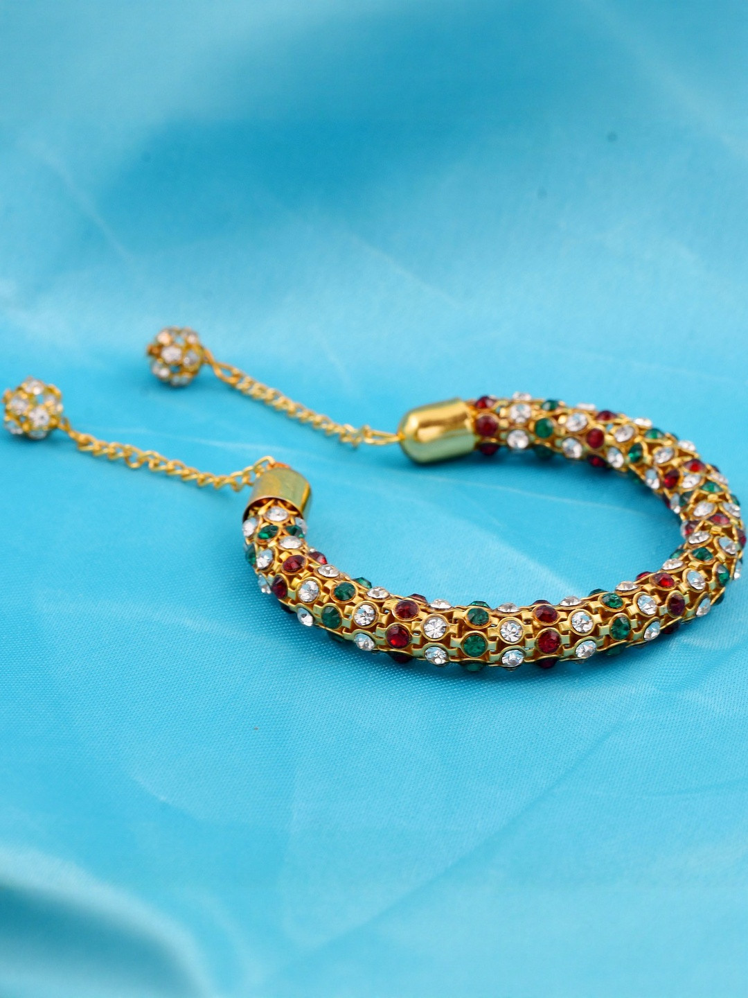 Missmister Unisex Gold Plated Brass Colourful CZ Free Size Kada Bangle