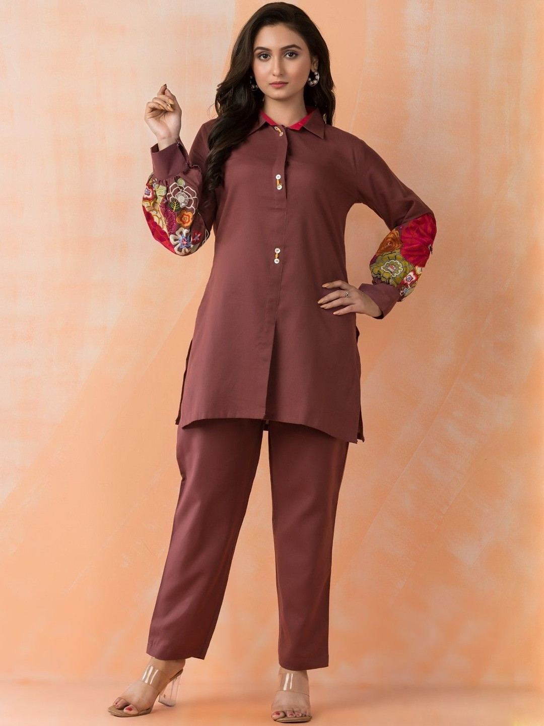 AUTUMN LANE Sabhya Mulberry Embroidered Pure Cotton Kurti & Trousers Co-ord Set