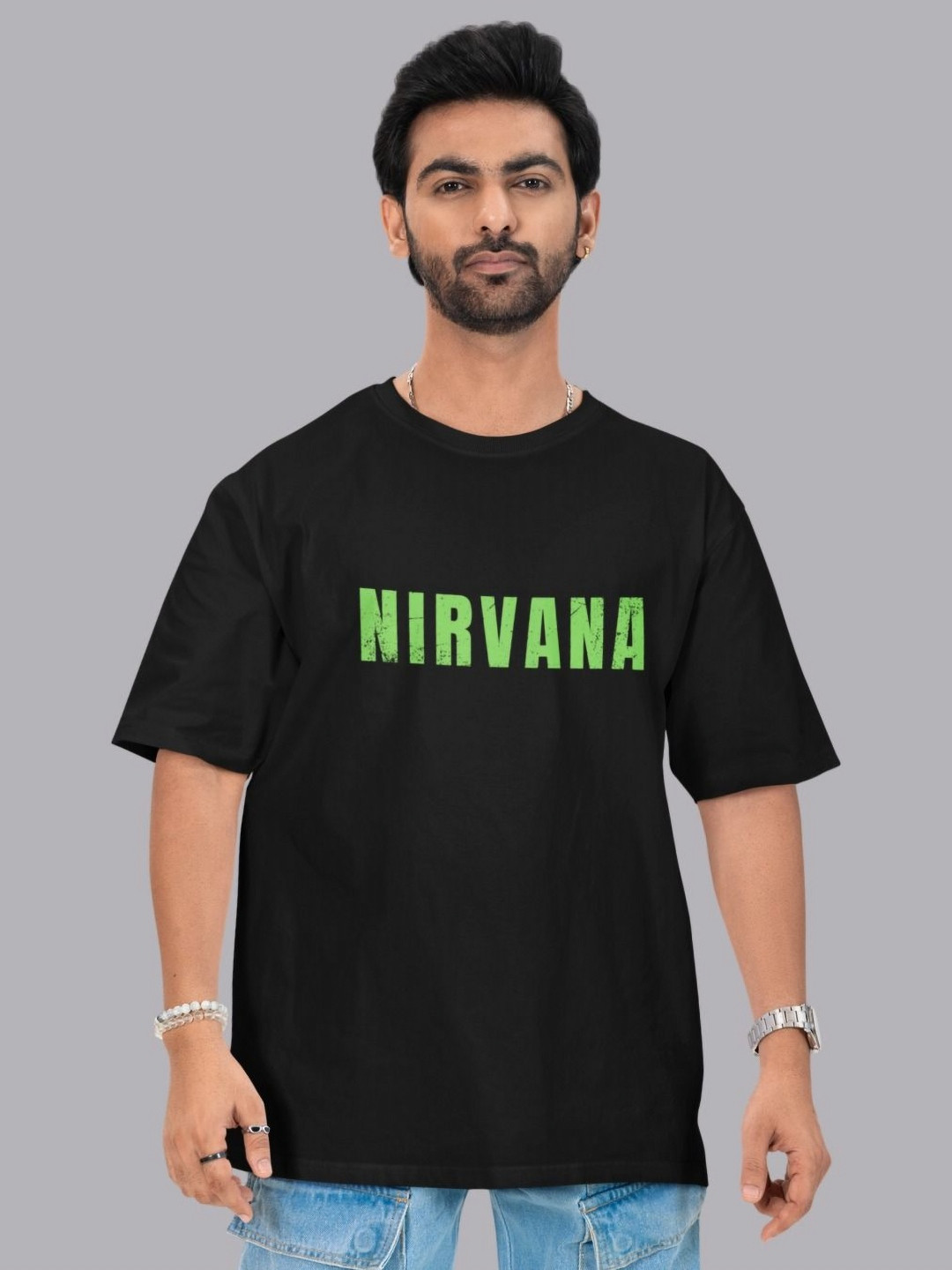 SNUG24 Men Nirvana Typography Printed Round Neck Cotton Oversized T-shirt