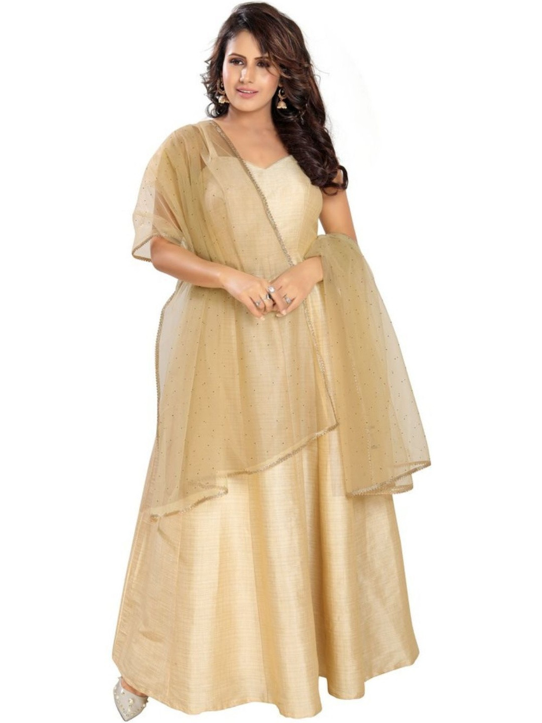 Avantrys Women Gold Solid Stone Nylon Work Dupatta