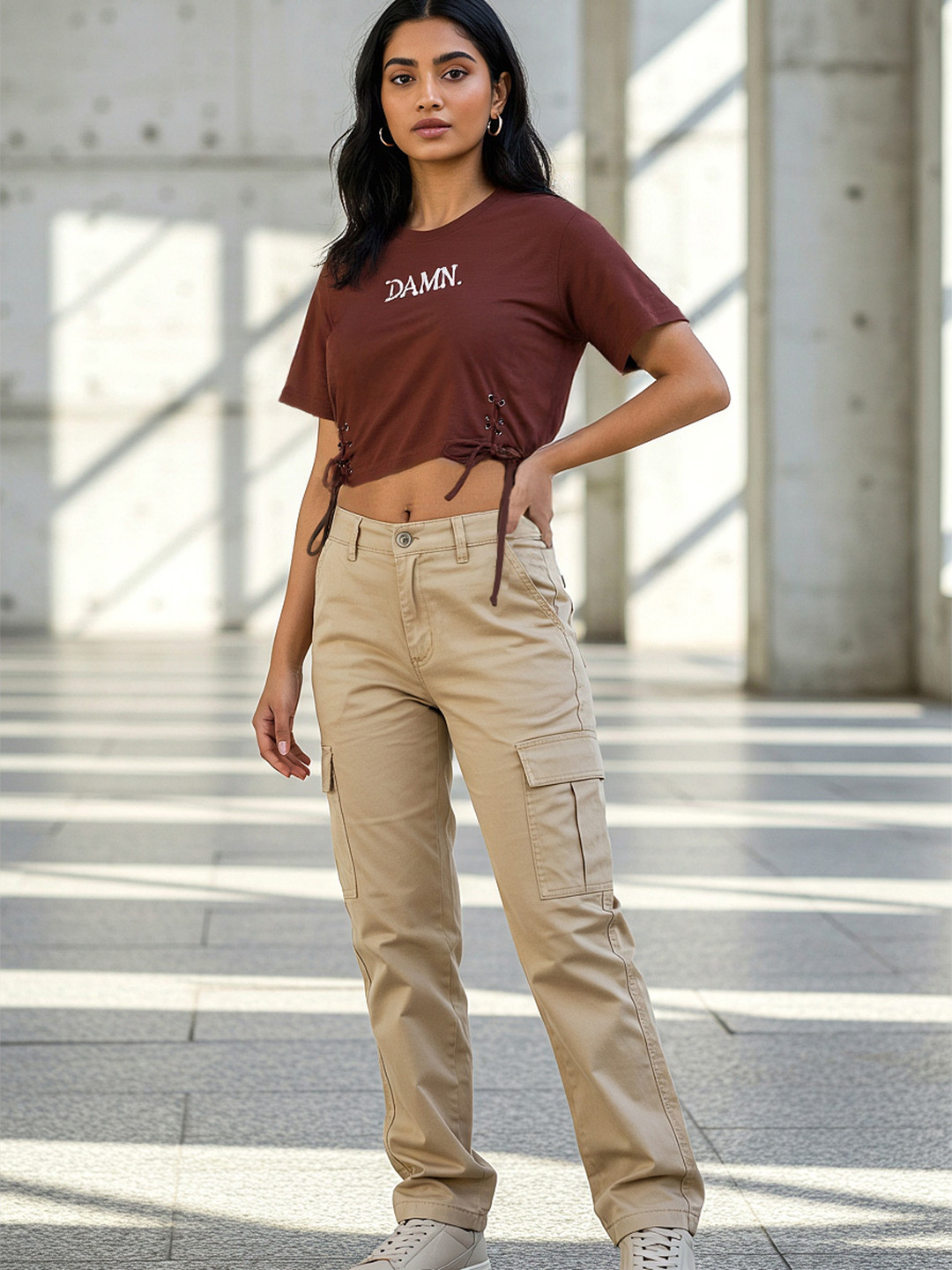 glitchez Boxy Lace-Up Embroidered Crop T-shirt