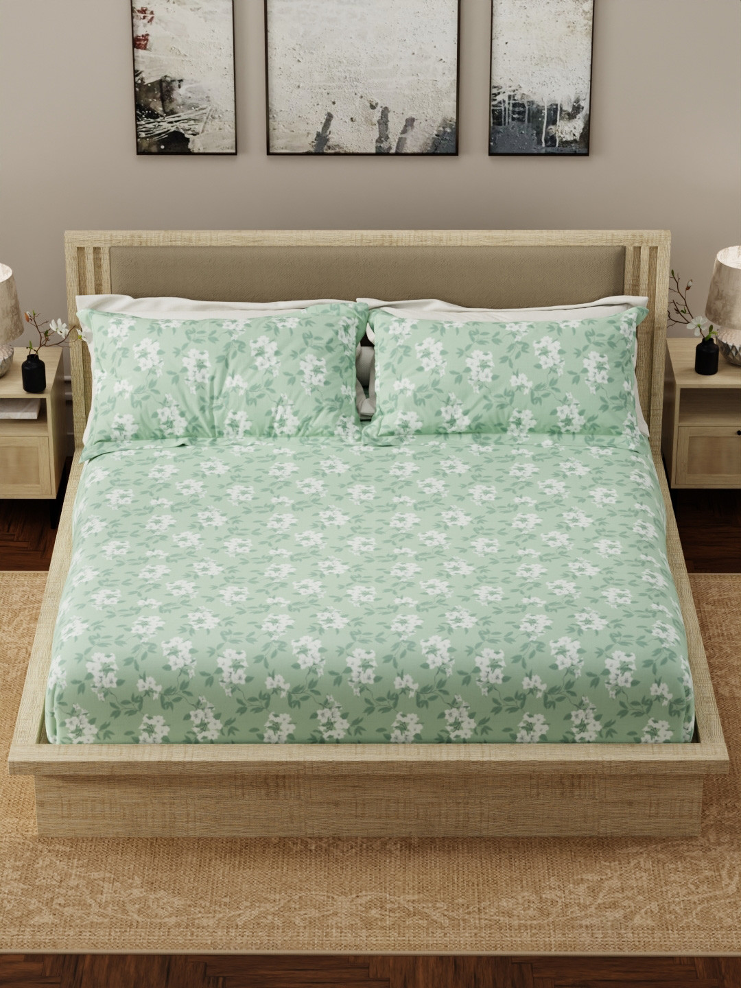 Boutique Living India Nature Bouquet Green Printed Cotton 300TC King Bedsheet 2.74 x 2.74m