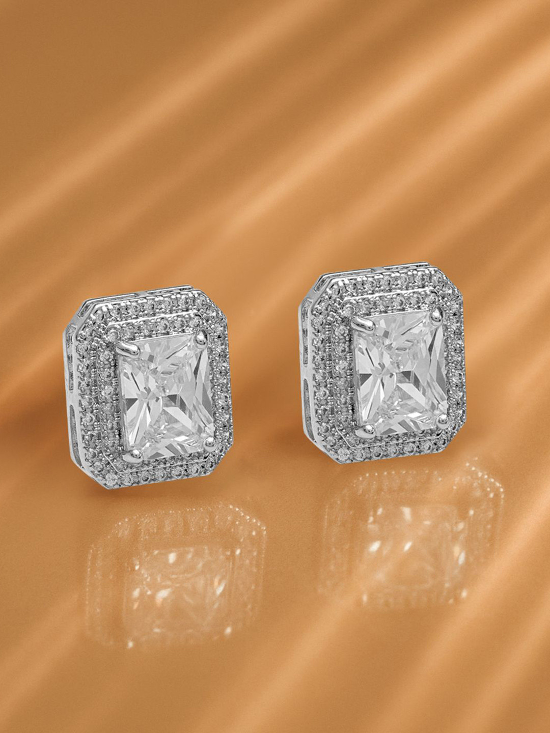 Rubans Rhodium-Plated Emerald-Cut Cubic Zirconia Minimal Sparkle Stud Earrings