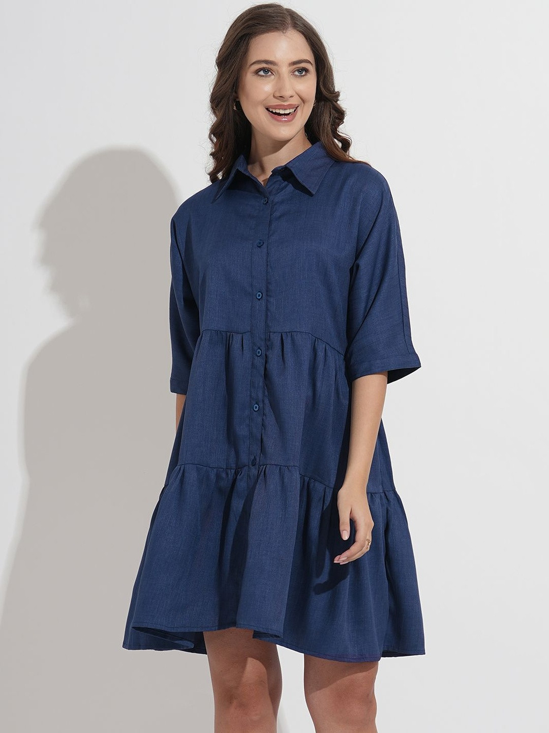 Murcia Women Blue Shirt Collar Kimono Sleeves Denim Mini Tiered Dress