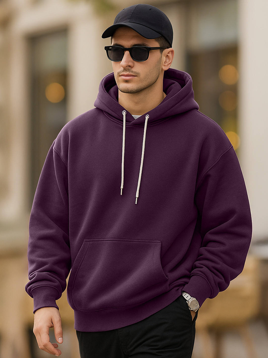 VEIRDO Men Purple Soild Cotton Fleece Regular Fit Hooded Pullover Sweatshirt