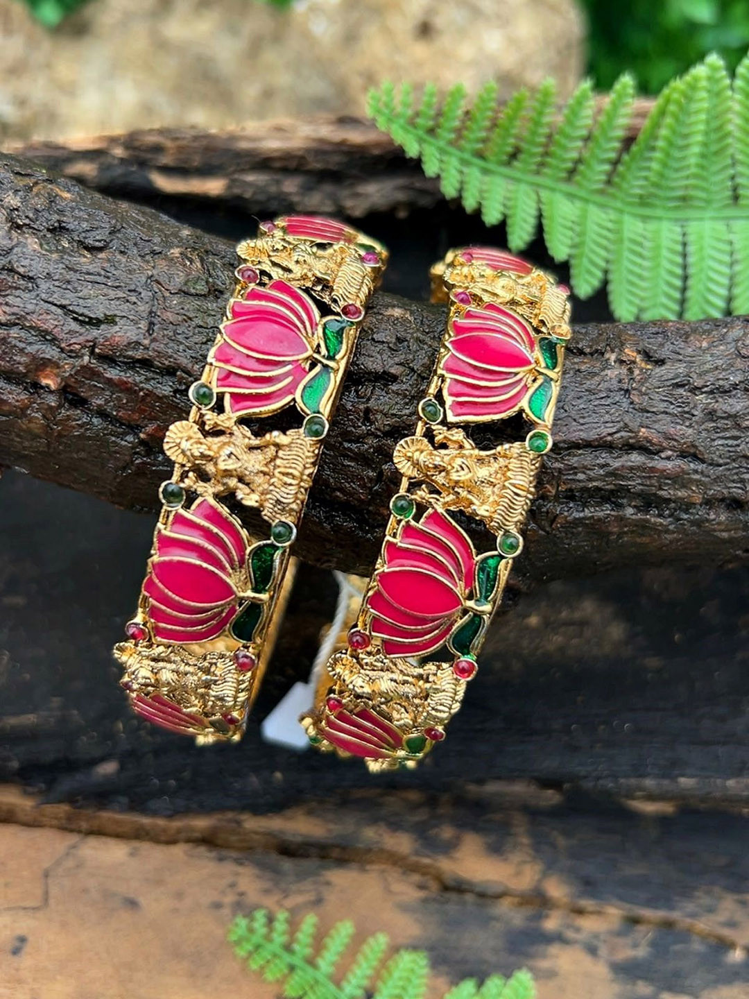 GRIIHAM Set Of 2 Gold-Plated American Diamond Studded Meenakari Lotus Temple Bangles