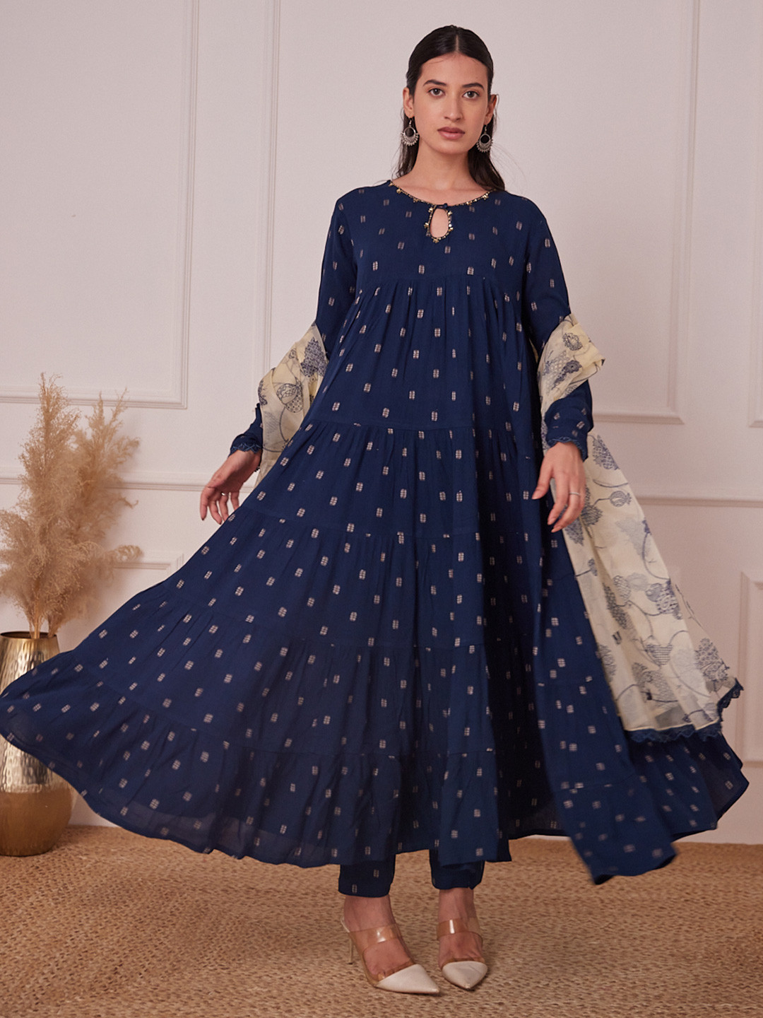 MAAND Women Ethnic Motifs Woven Design Empire A-Line Thread Work Floor Length Kurta Set