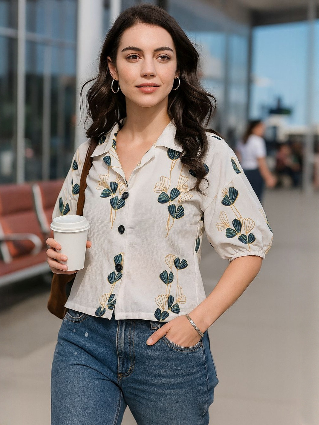 DressBerry Women Multi Spread Collar Short Floral Print Regular Fit Puff Sleeve Shirts