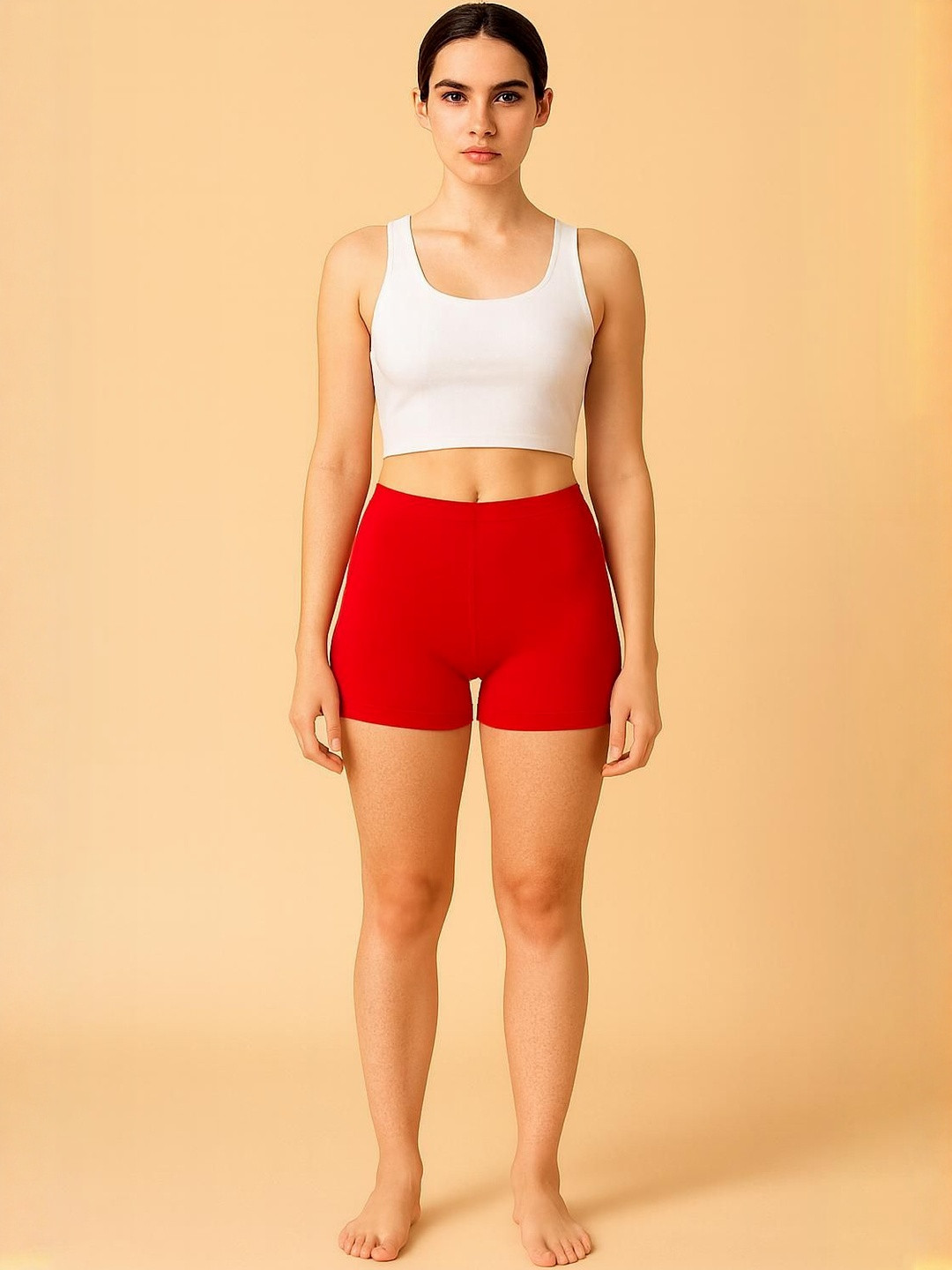 UllasPemium Women Red Solid Mid-Rise Breathable Cotton Spandex Thigh-Length Cycling Shorts