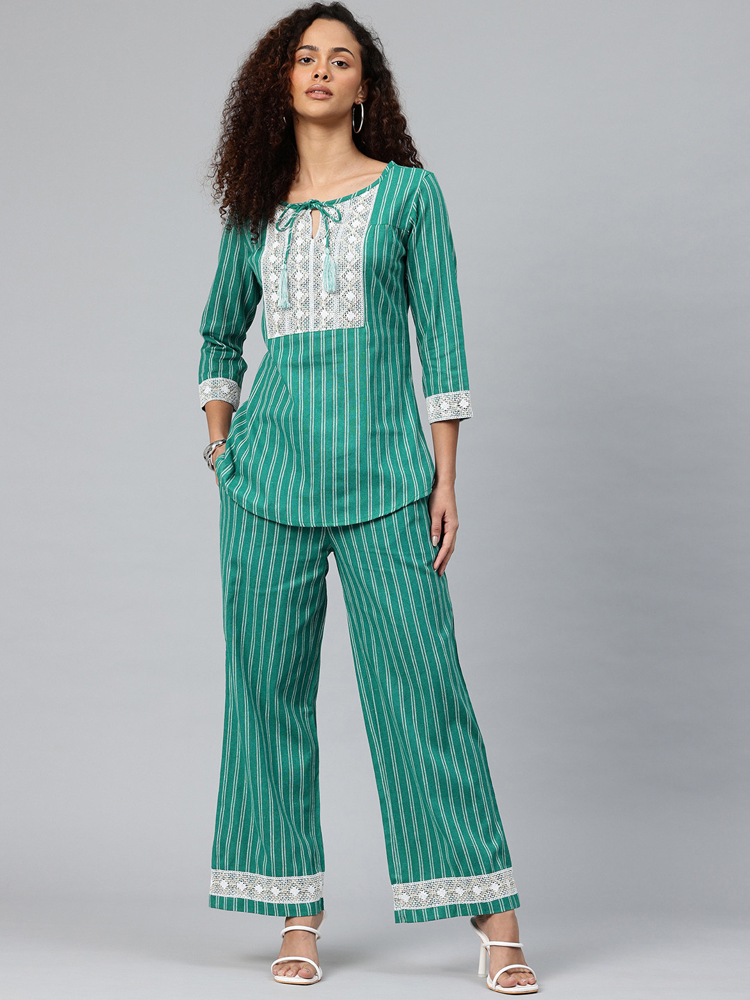 Cottinfab Vertical Stripes Tie-Up Neck Lace Inserts Pure Cotton Longline Top with Palazzos