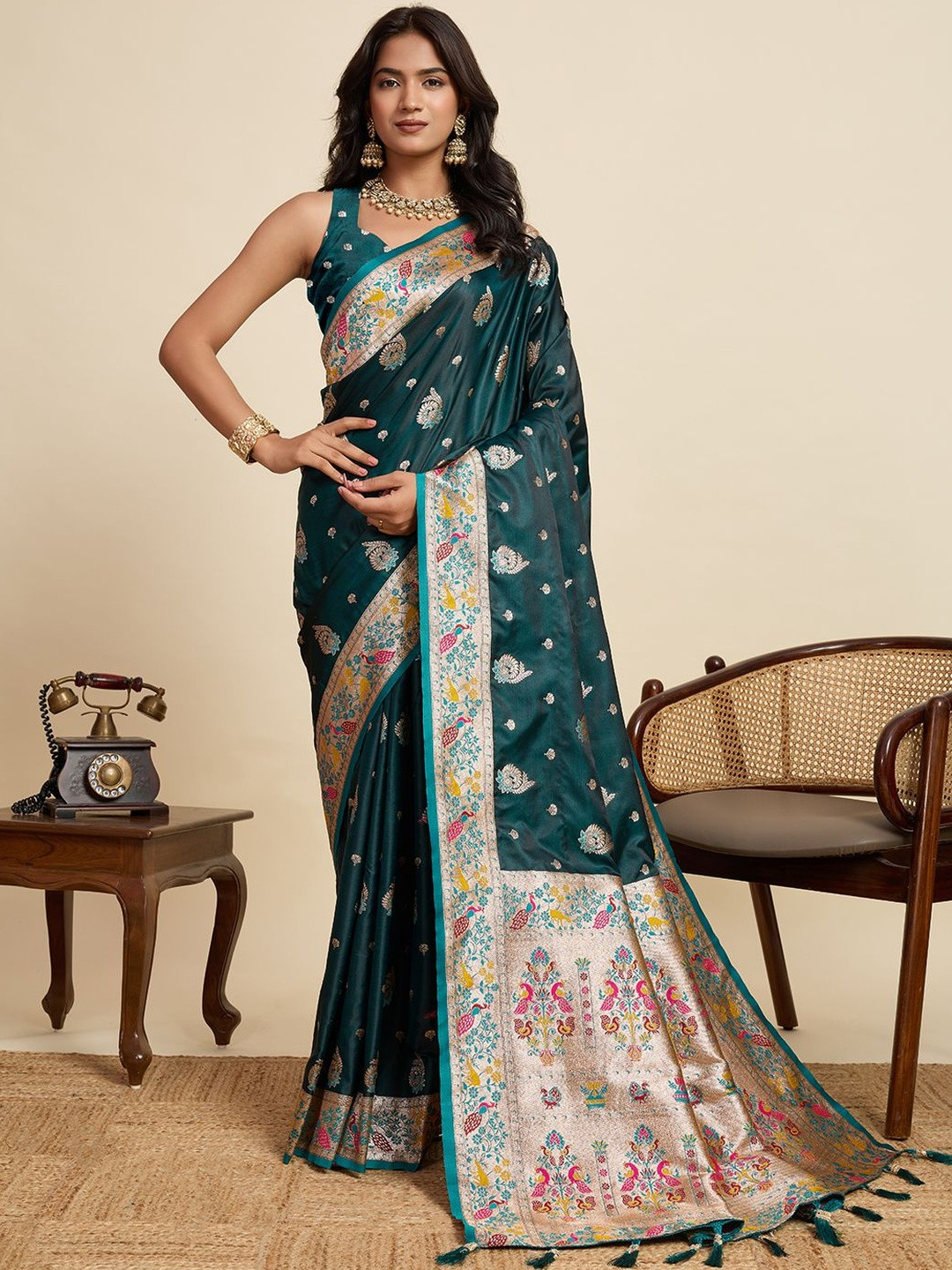Suha Floral Satin Saree With Rich Zari Weaving