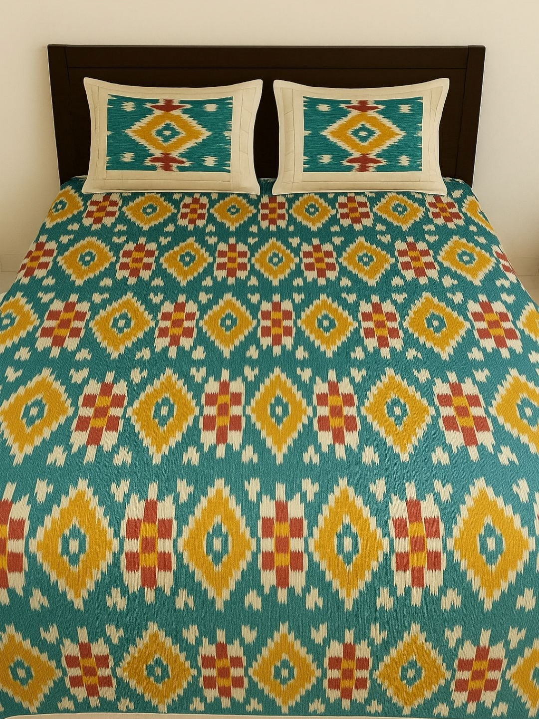 Bedbathandbliss Teal & Yellow Printed Cotton 300 TC King Bedsheet Set 2.75 m x 2.42 m