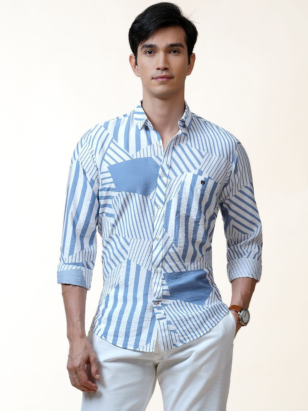 OTTO India Slim Fit Geometric Line Printed Cotton Linen Casual Shirt