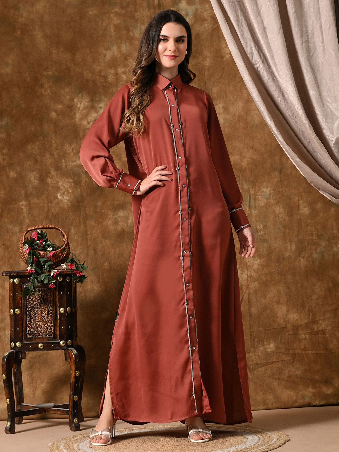 Demure by shiba Women Shirt Collar Sequined Shirt Maxi Dress