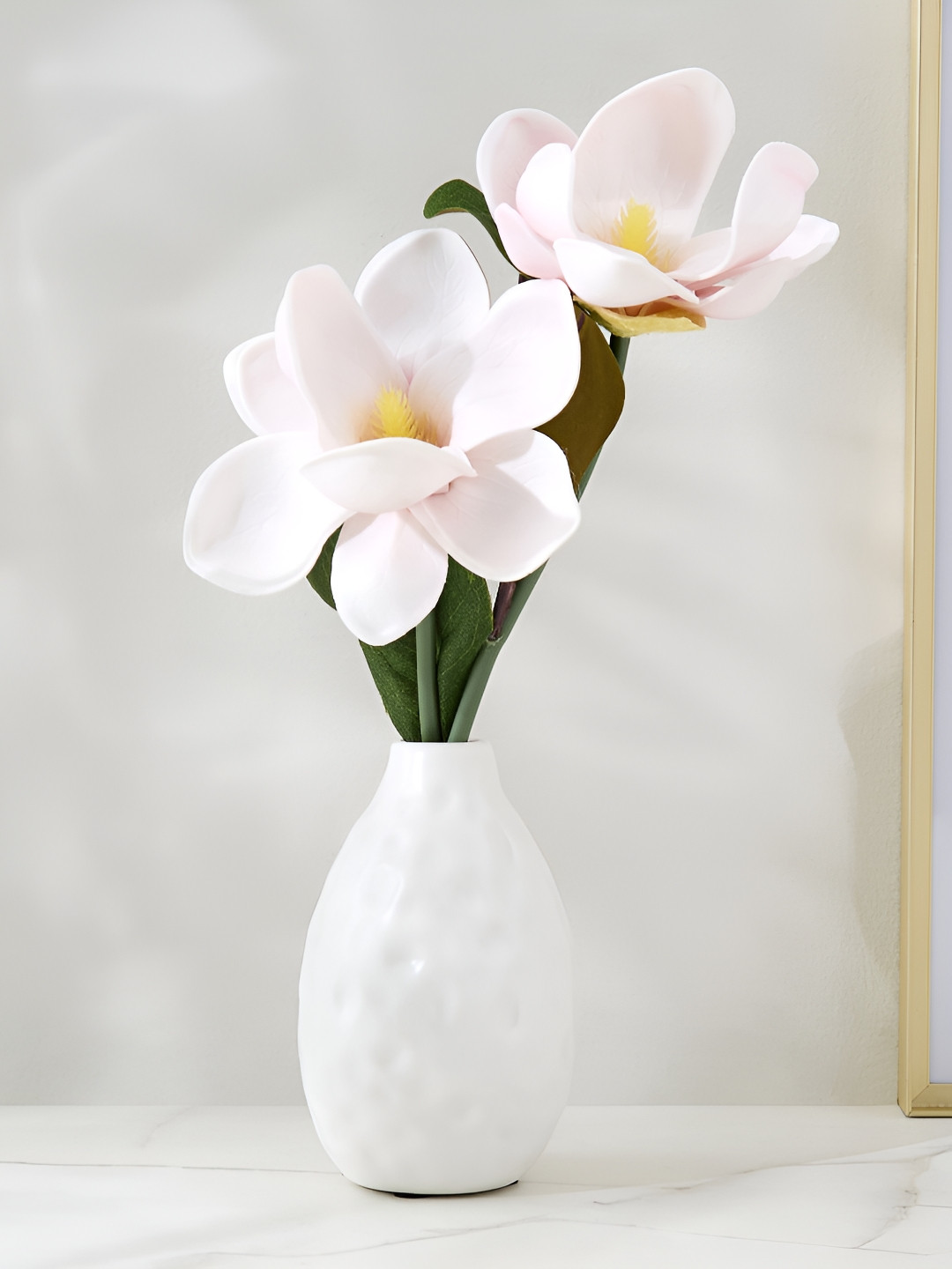 Home Centre White & Green Orchid Artificial Flowers With Ceramic Pot
