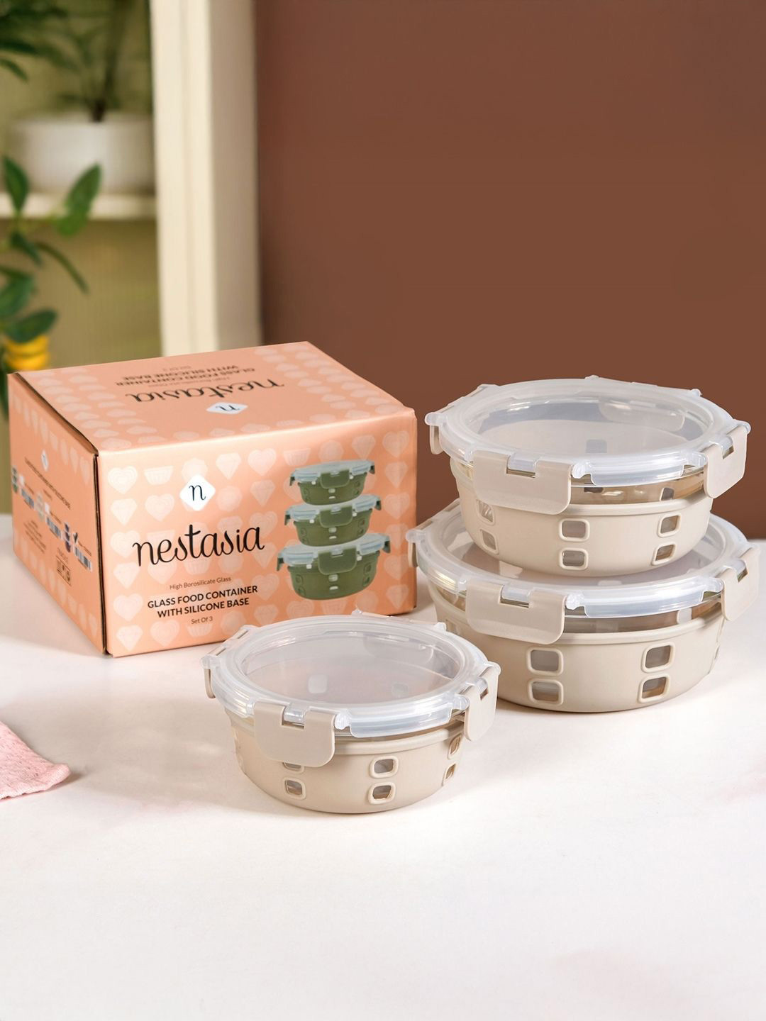Nestasia Unisex Beige 3 Pieces Microwave Safe Glass Containers