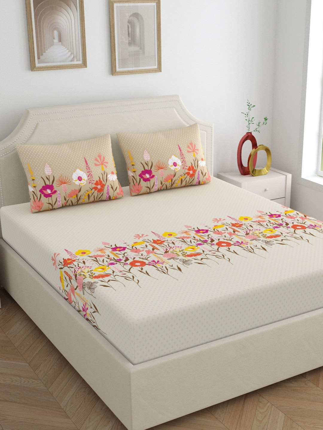 Home Ecstasy Beige & Yellow Floral 140 TC Queen Bedsheet Set 2.20 m x 2.34 m