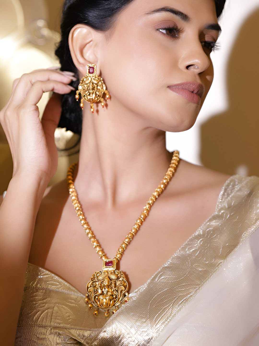 Rubans 22K Gold-Plated Lakshmi Motif Temple Jewellery Set with Ruby Red Stones & Beaded