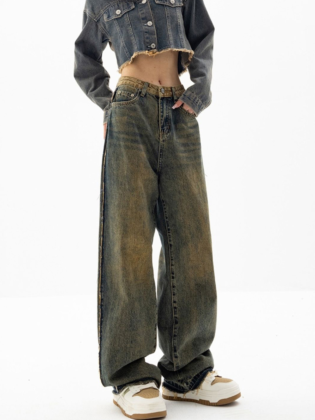 StyleCast Women Wide Leg Mid-Rise Heavy Fade Cotton Jeans