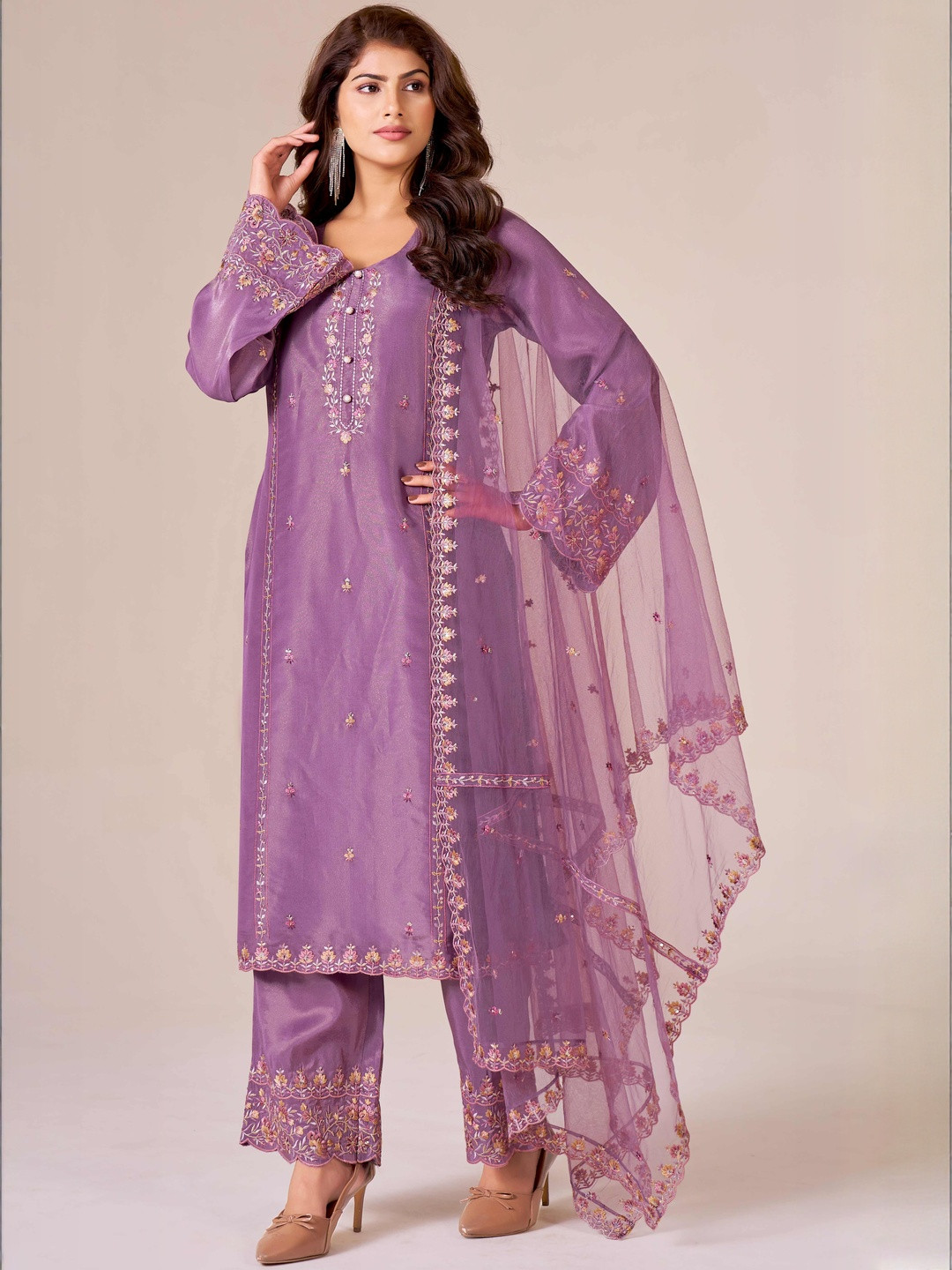 IOLY Ethnic Motifs Embroidered Thread Work Tissue Kurta With Trousers & Dupatta