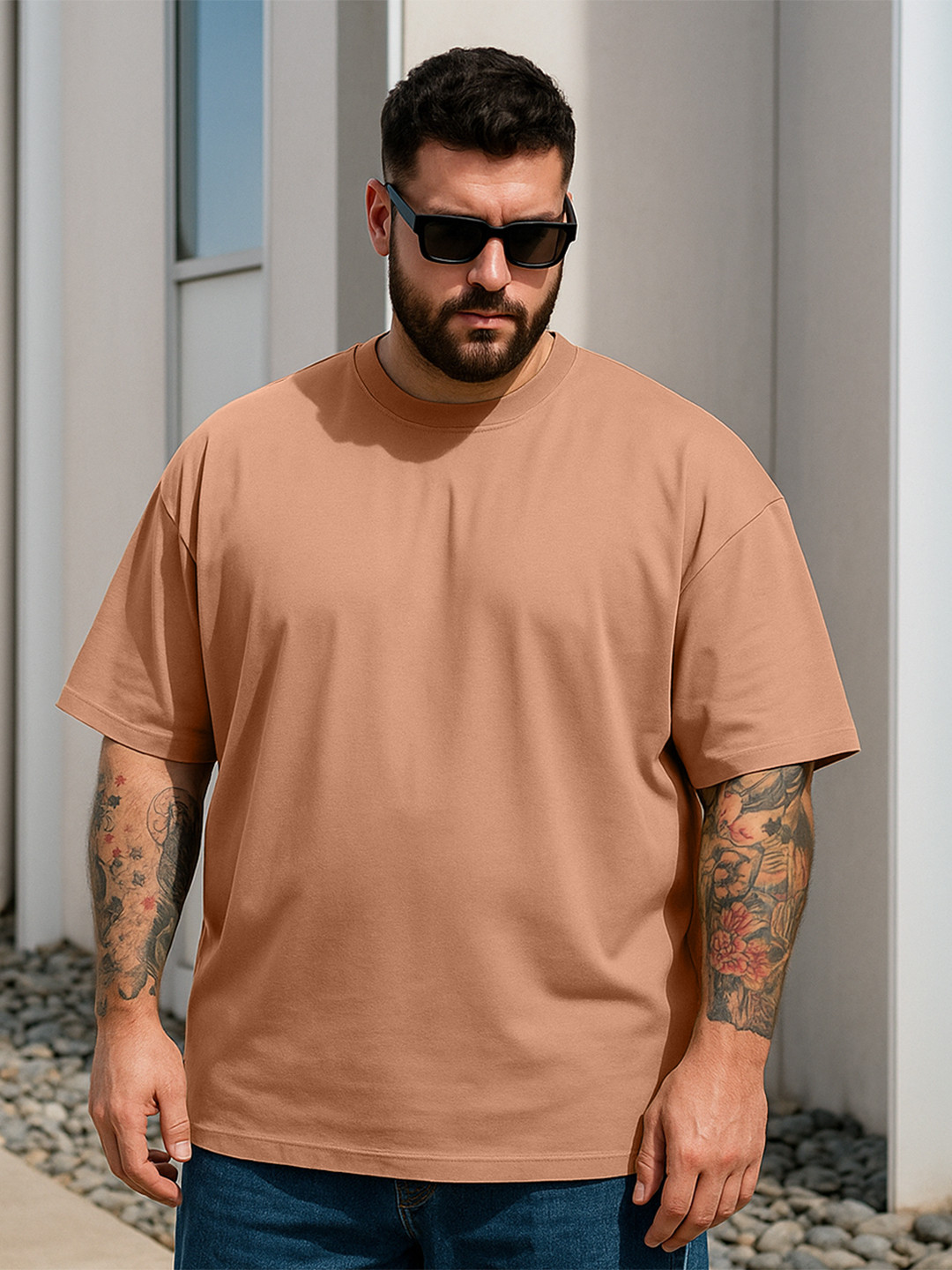 VEIRDO Men Plus Size Cork color Solid Round Neck Pure Cotton Oversized T-Shirt