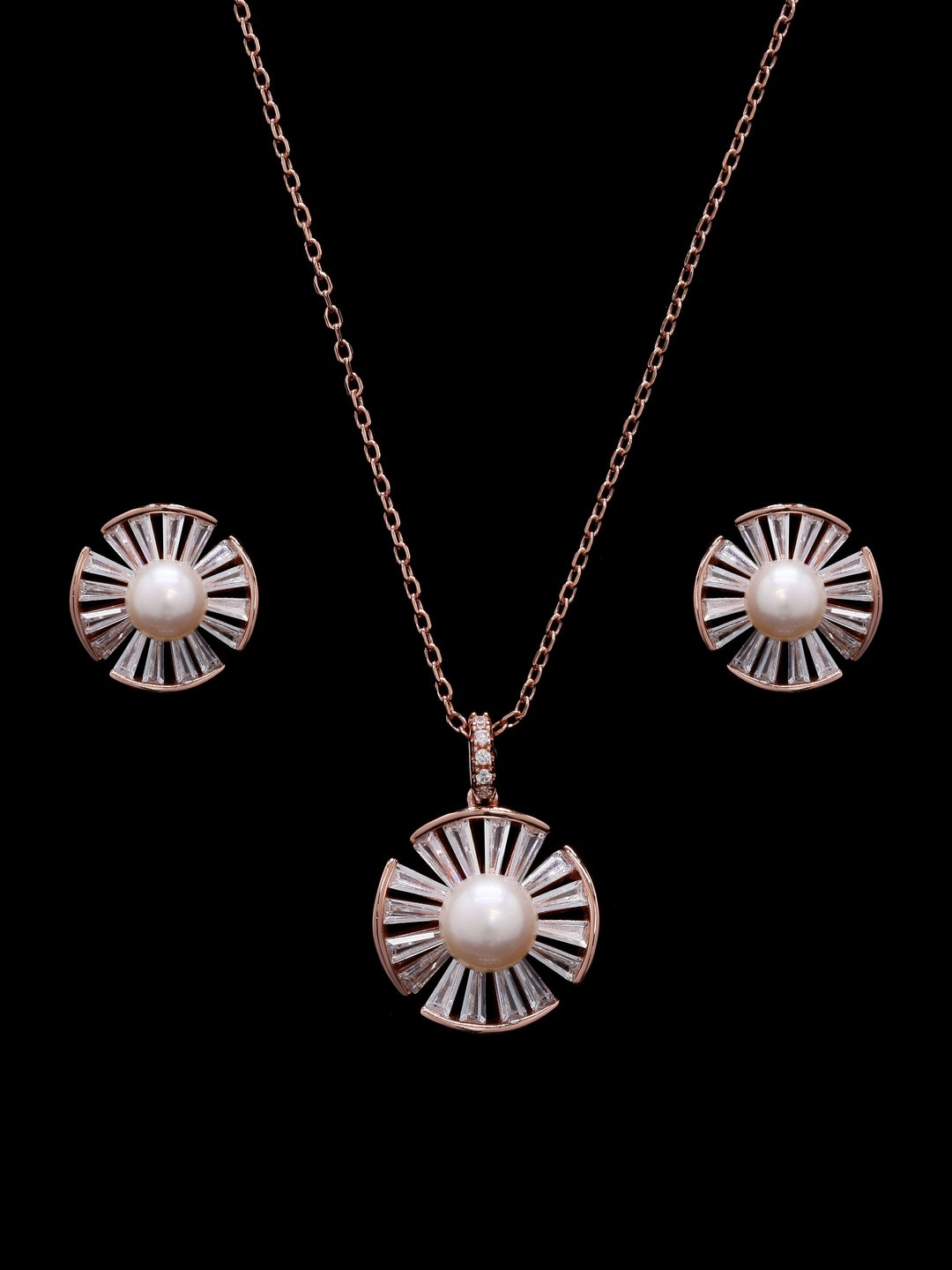 Twenty One Jewels Women Silver Pearl Rose Gold Jewellery Set