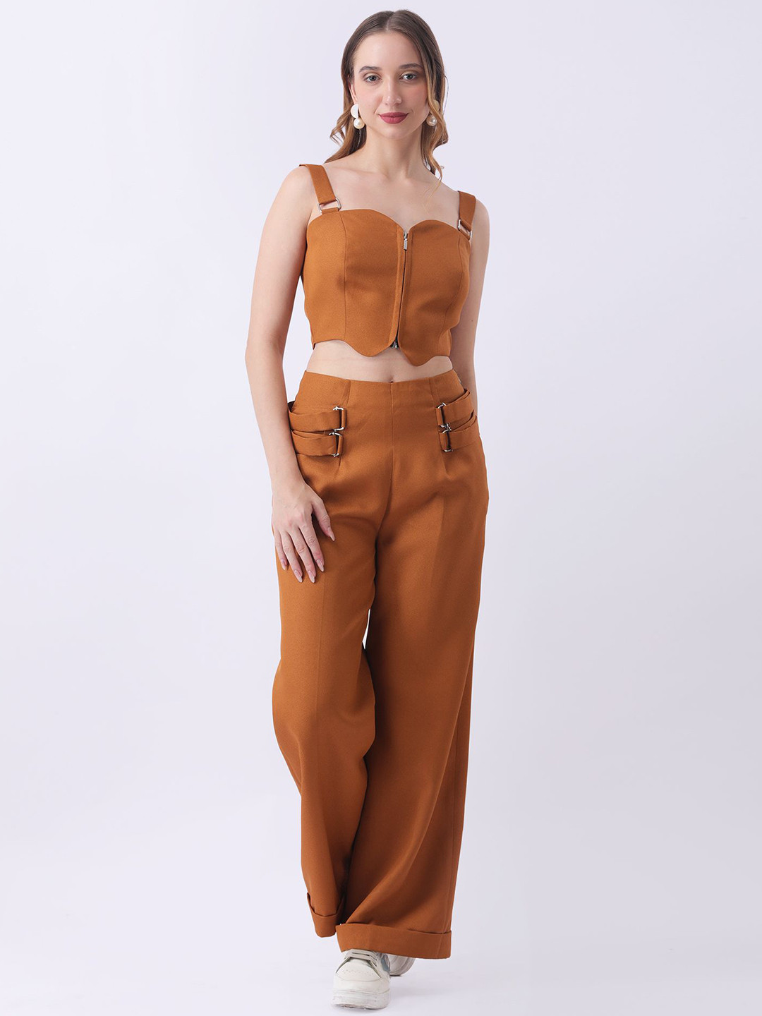Fashion Gaiia Sweetheart Neck Corset Style Crop Top With Trousers
