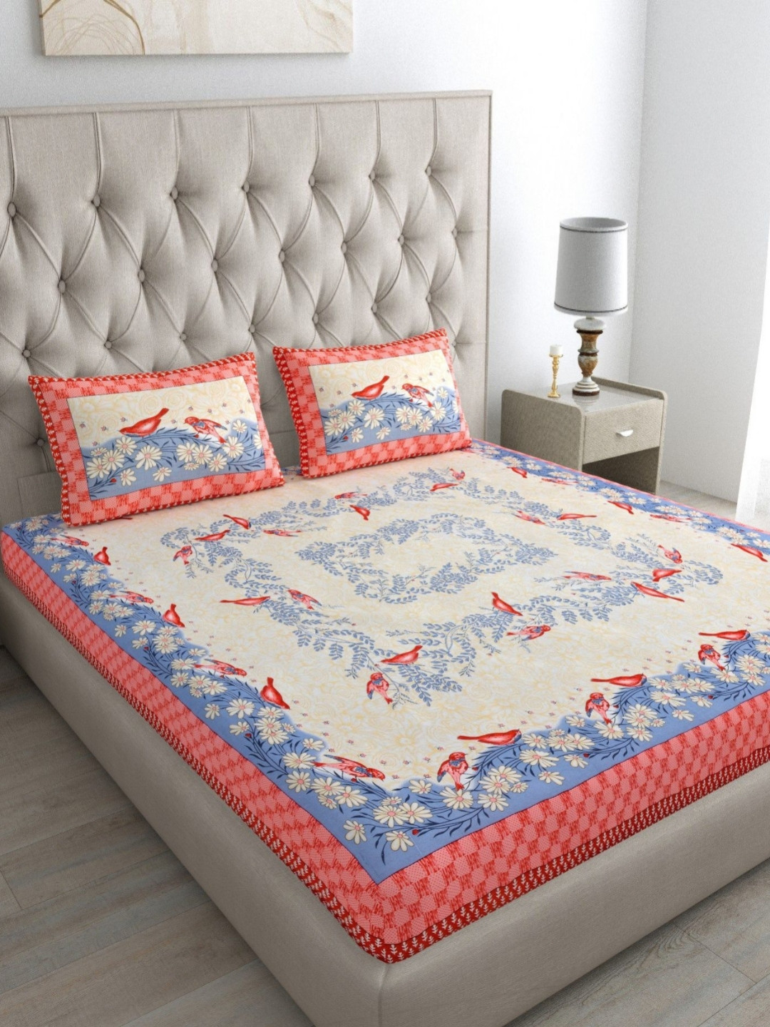 KD PRINTS Red & Beige Floral 180 TC Bedsheet Set 76.2 m