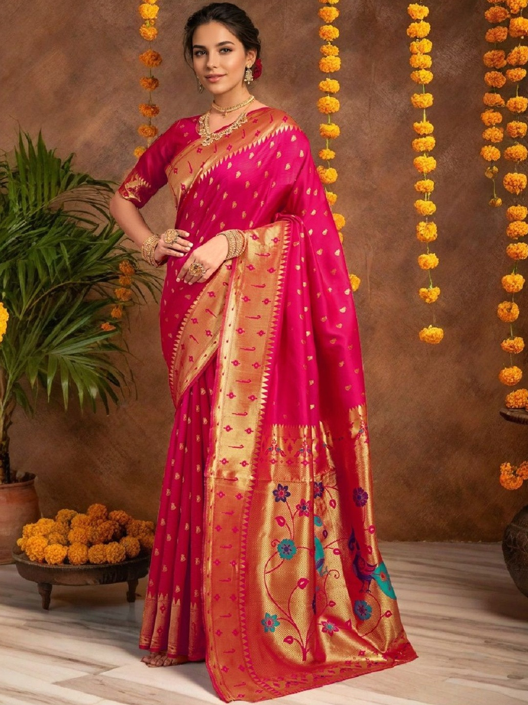 Suha Women Pink & Gold Zari Boarder Woven Design  Art Silk Traditional Saree
