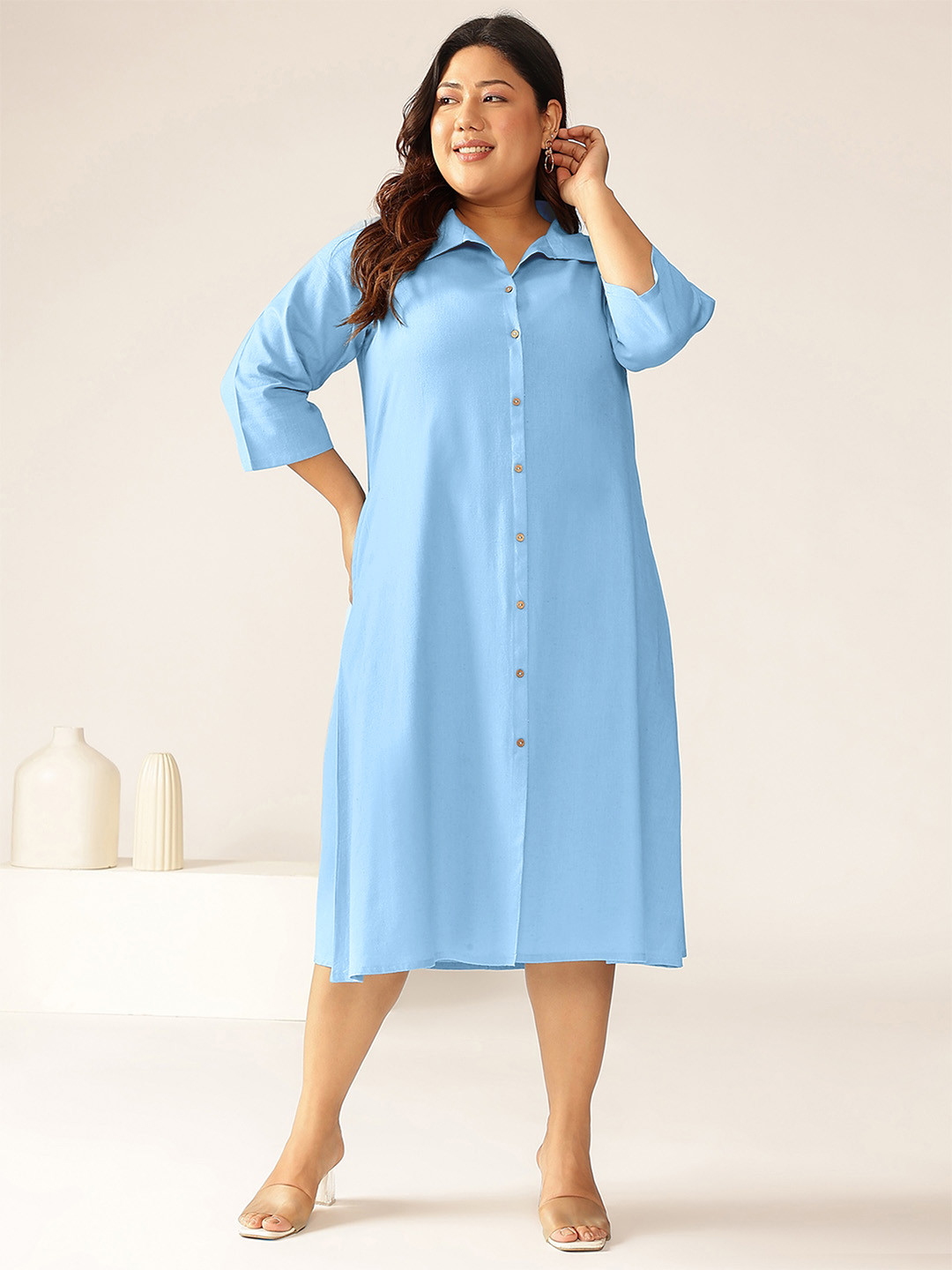 Janasya Women's Plus Size Light Blue Linen Cotton Solid Button Down Shirt Style A-line Dress