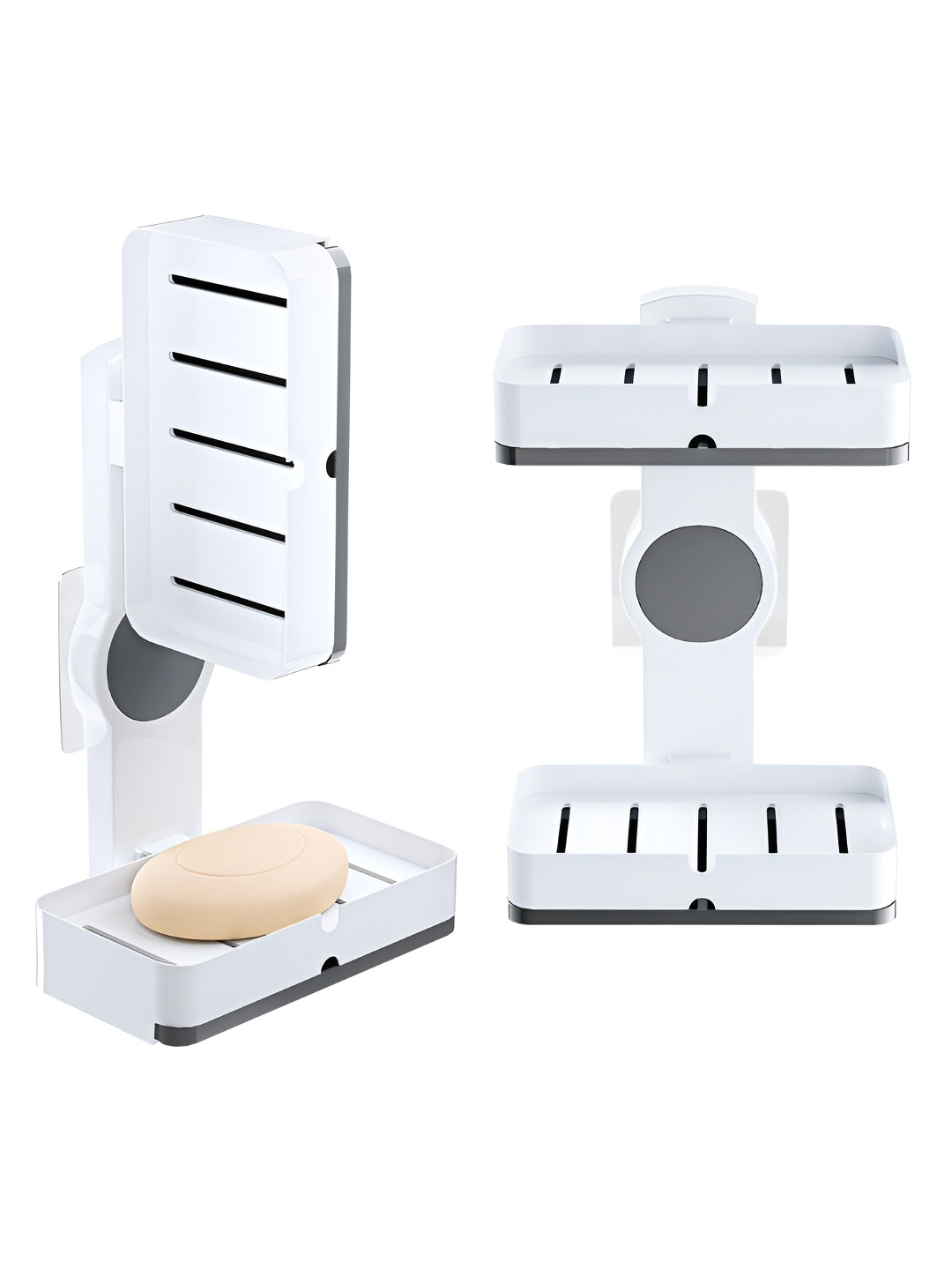 Aura White 2 Pieces Self-Adhesive Double Layers Soap Holder with Drain Trays
