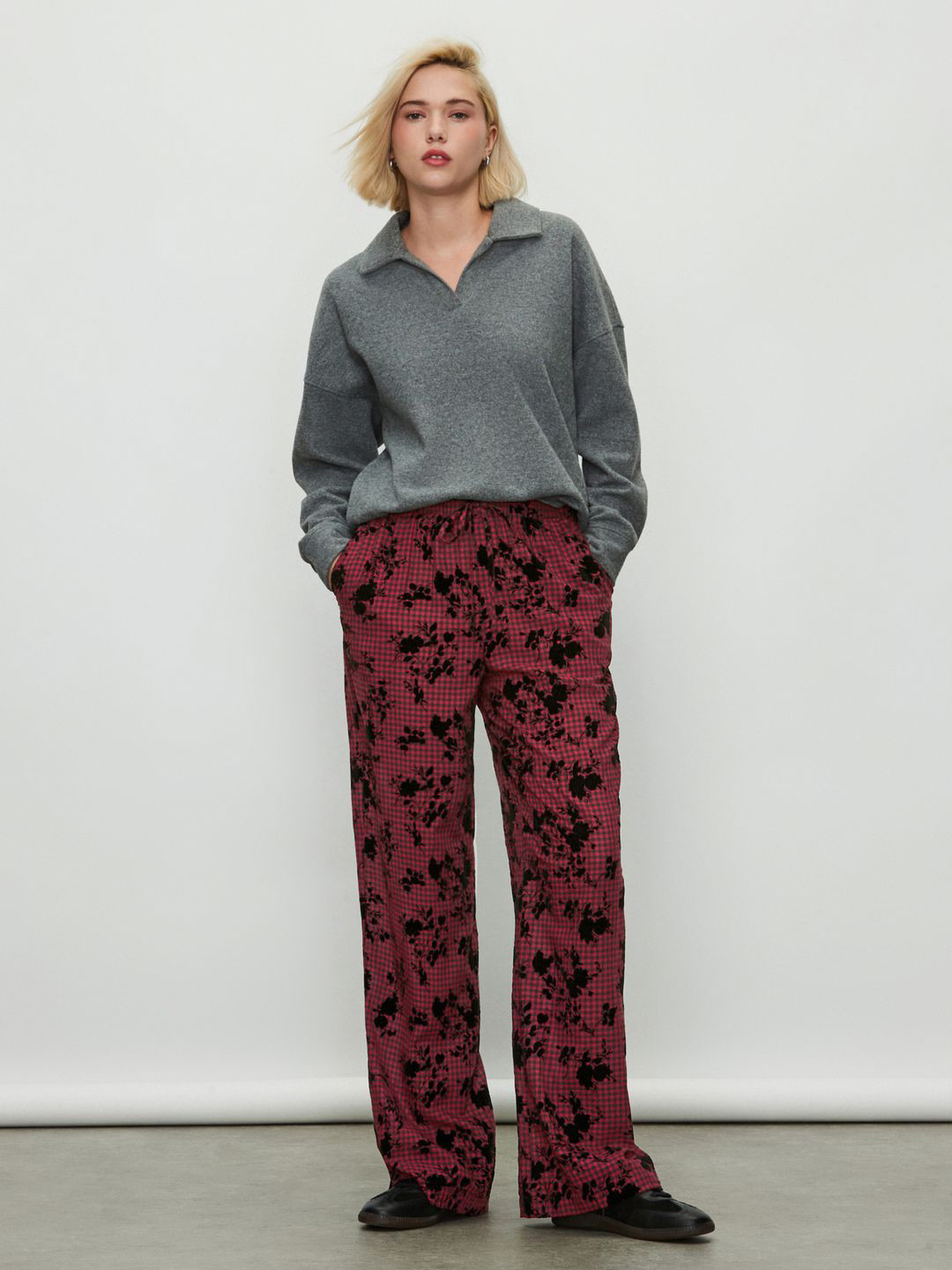 NEXT Women Velvet Floral Print Checked Trousers