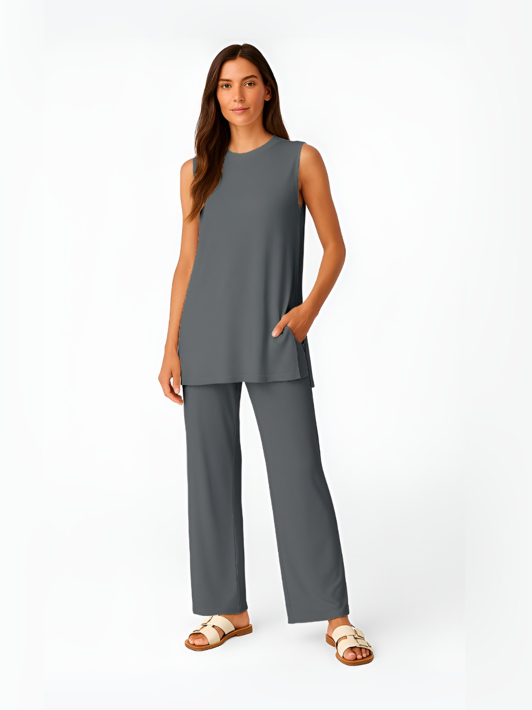Moomaya Round Neck Split Hem Tank Top And Wide Leg Pants