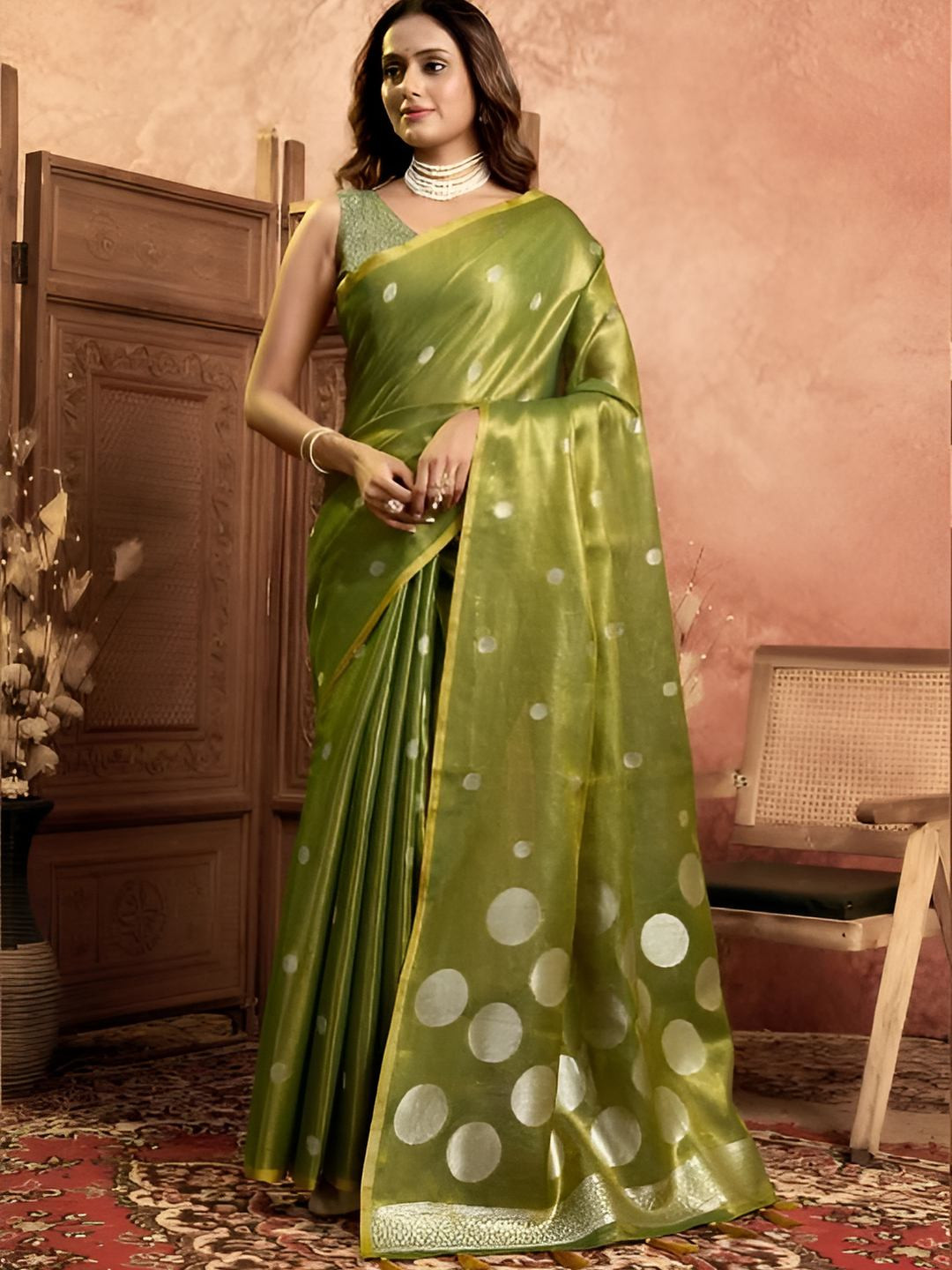 VASTRA-THE FACTORY STORE Polka Dot Woven Design Tissue  Saree