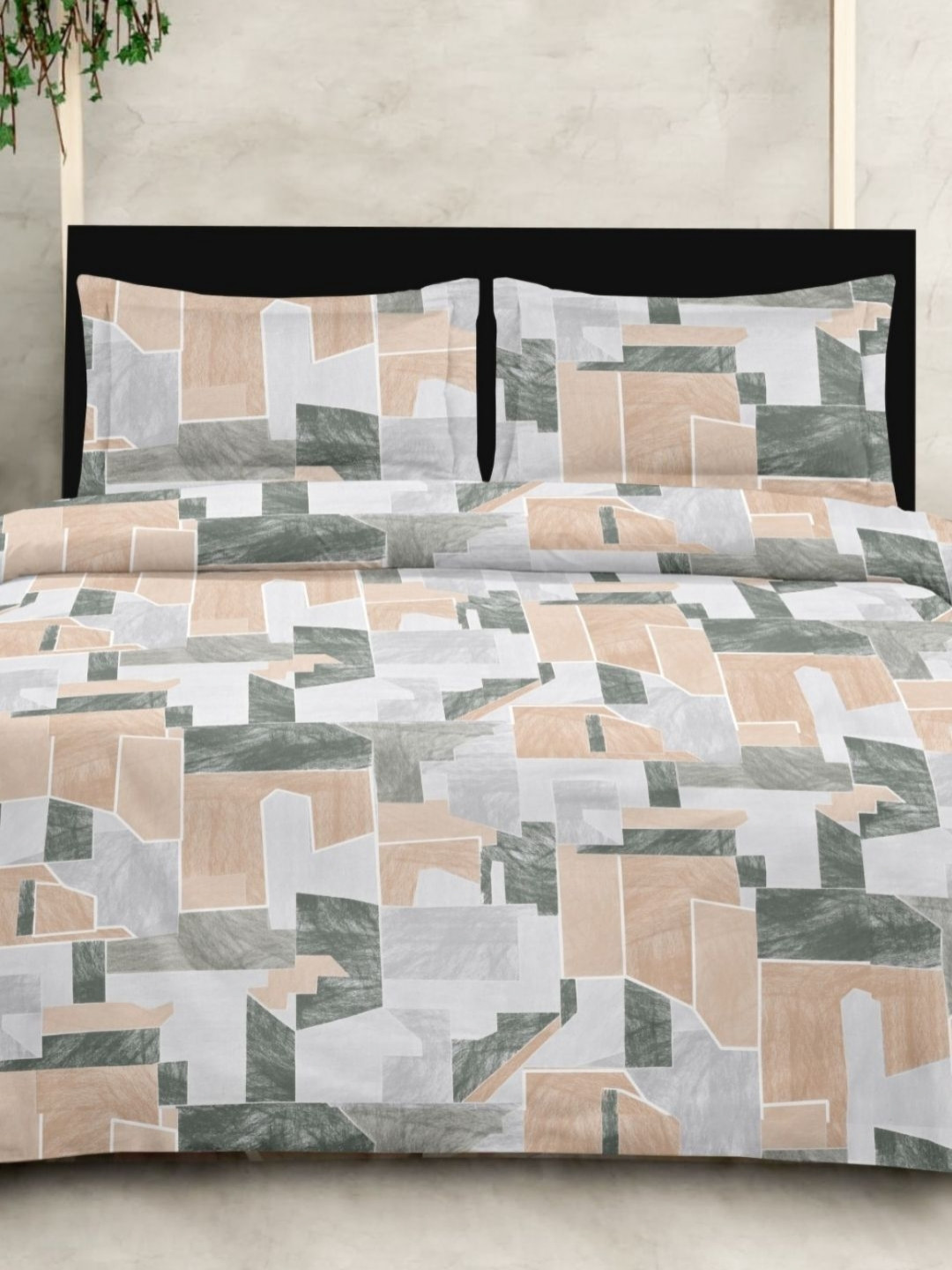Sleeping Owls Peach-Coloured & Grey 210 TC Cotton Super King Bedsheet Set 2.74 m x 2.74 m