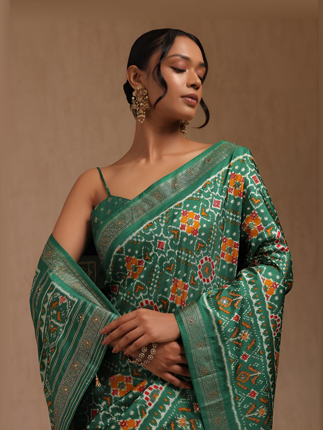 Soch Floral Printed Stud Detail Patola Saree