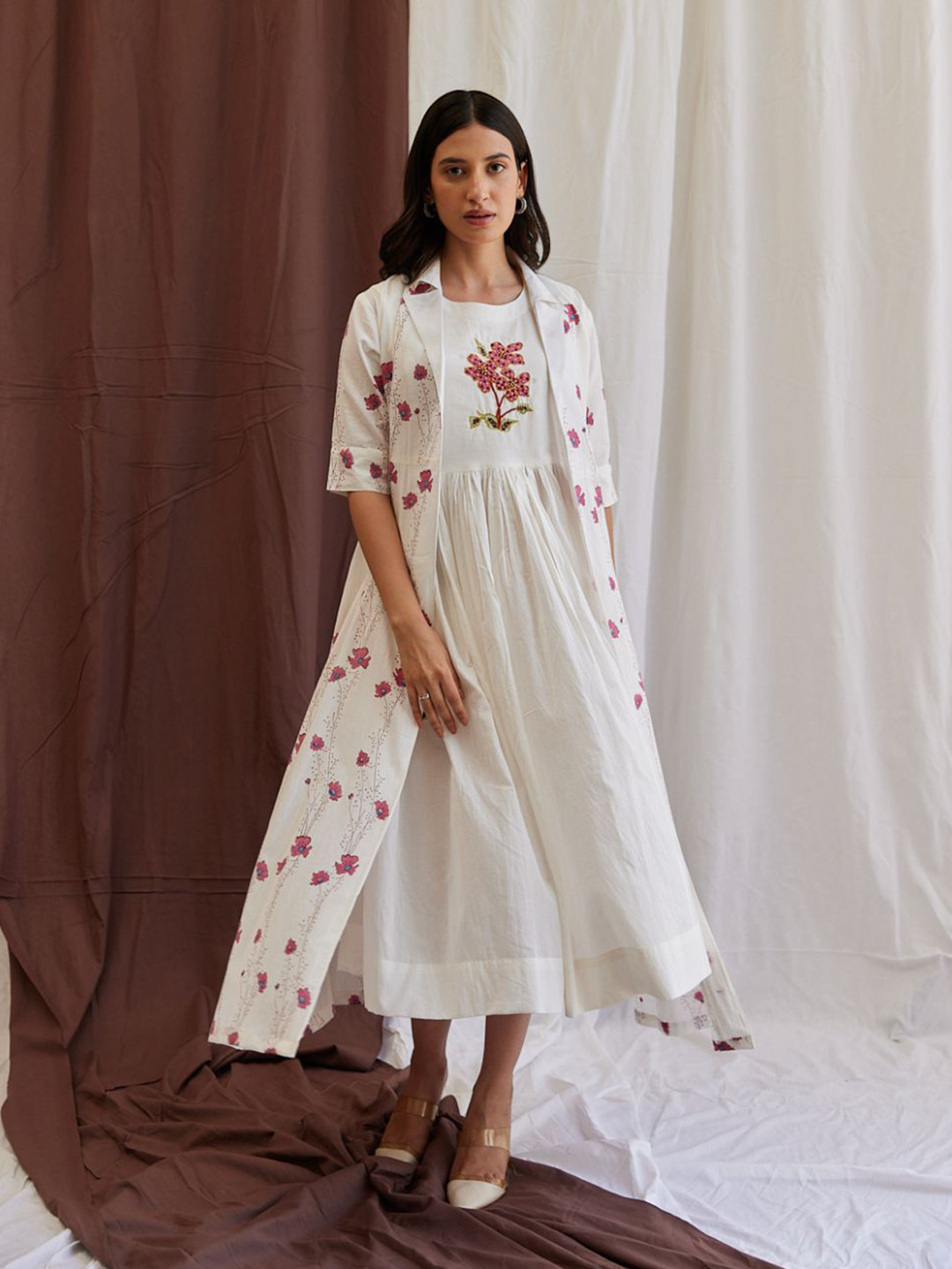 MAAND Women Pink Bootas and Adda Work Handblock Printed Jacket and Dress Set