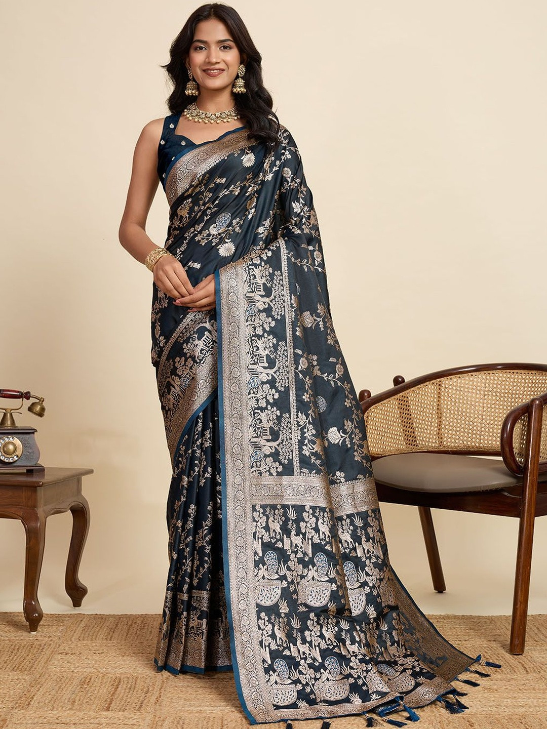 Suha Women Blue Satin Silk With Rich Zari Weaving Saree With Blouse Piece