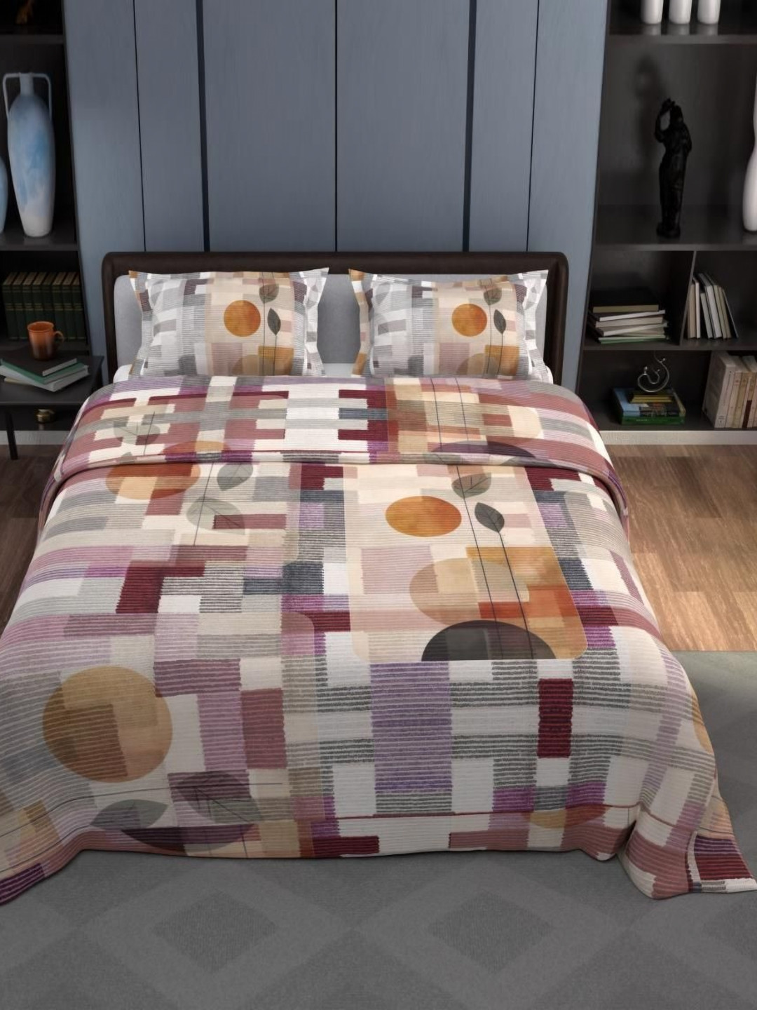 Synergized Cotton Maroon Printed Cotton Bedsheet With 2 Pillow Covers 2.74m x 2.74m